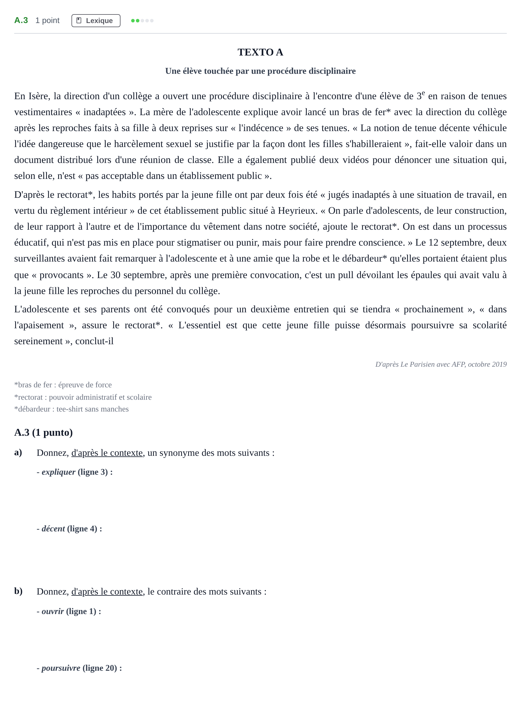 Enunciado: Ejercicio A.3 · Francés PAU Madrid Ordinaria 2020