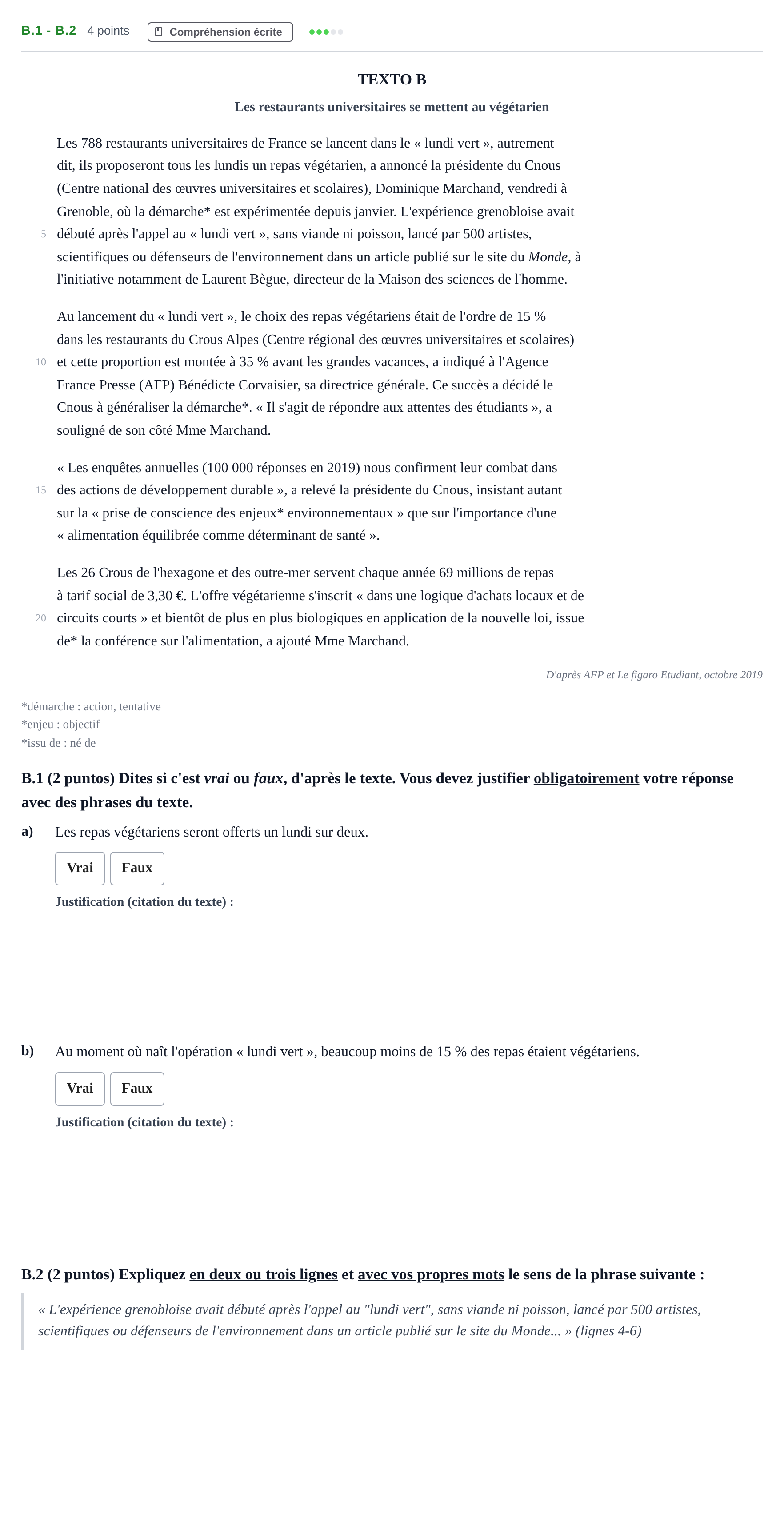 Enunciado: Ejercicio B.1 - B.2 · Francés PAU Madrid Ordinaria 2020