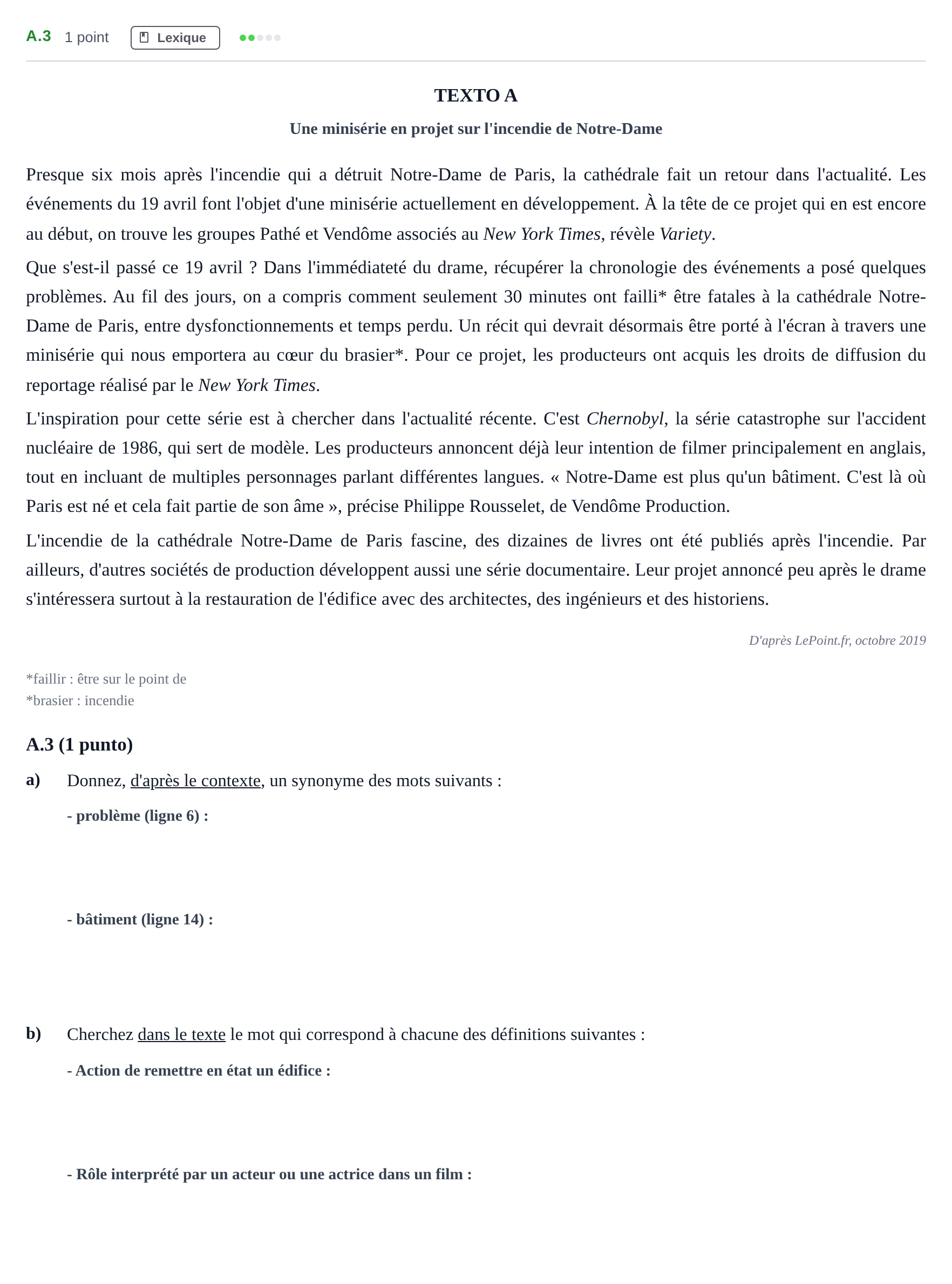 Enunciado: Ejercicio A.3 · Francés PAU Madrid Ordinaria (2ª lengua) 2020