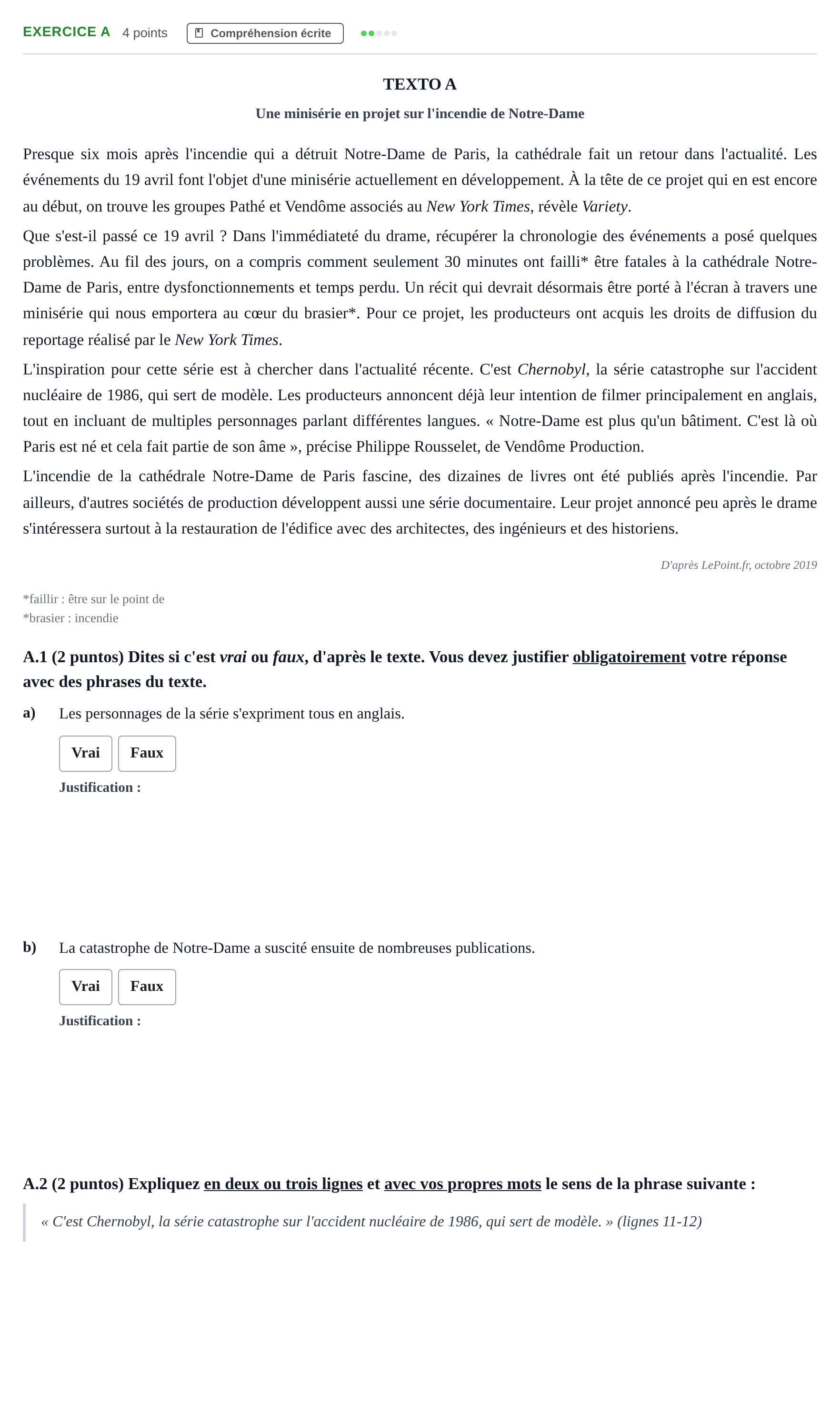 Enunciado: Ejercicio A · Francés PAU Madrid Ordinaria (2ª lengua) 2020