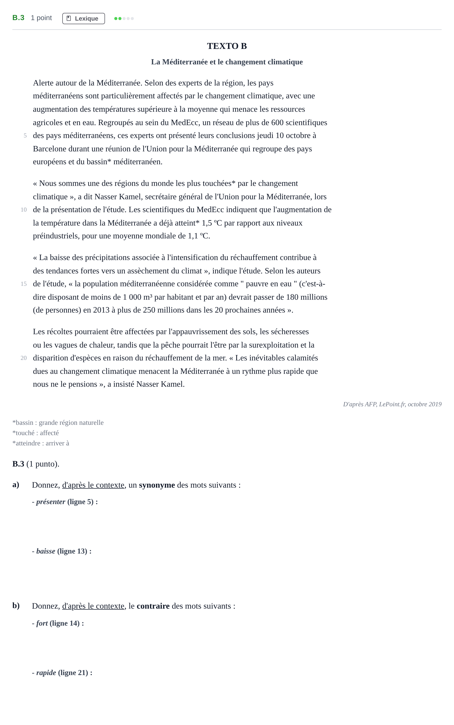 Enunciado: Ejercicio B.3 · Francés PAU Madrid Ordinaria (2ª lengua) 2020