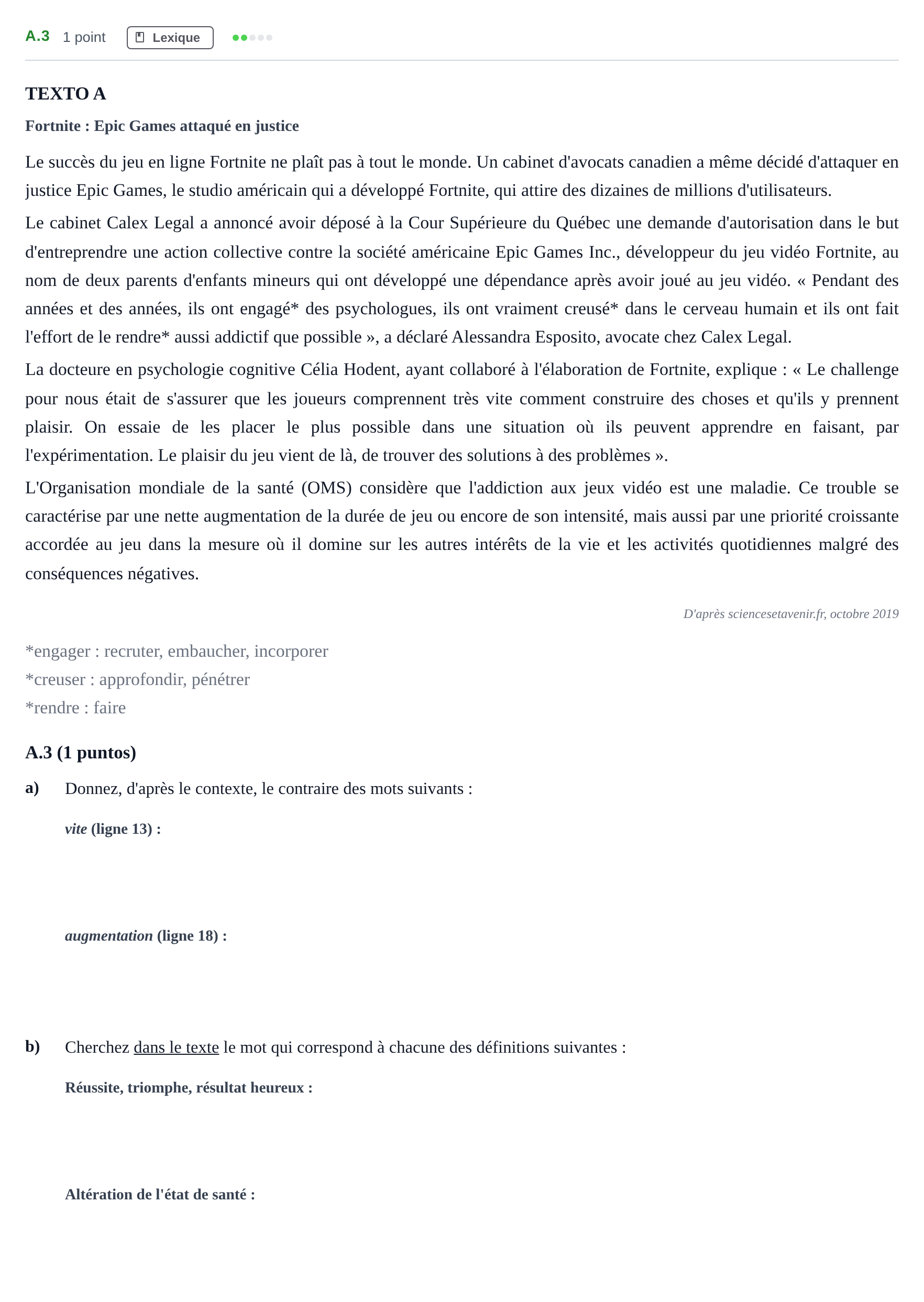 Enunciado: Ejercicio A.3 · Francés PAU Madrid Ordinaria (2ª lengua) Coincidencias 2020