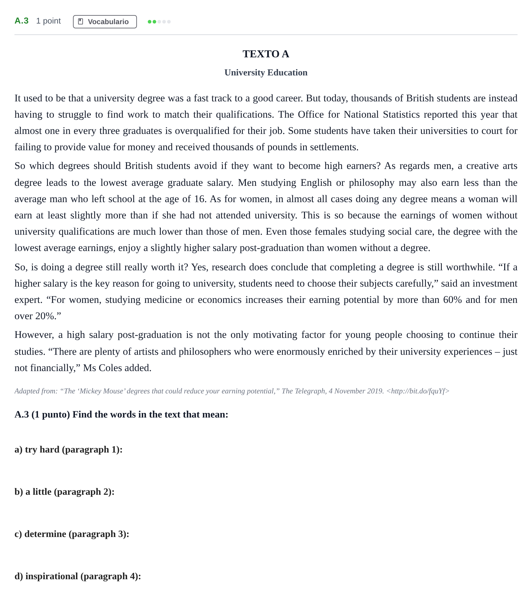Enunciado: Ejercicio A.3 · Inglés PAU Madrid Extraordinaria 2020