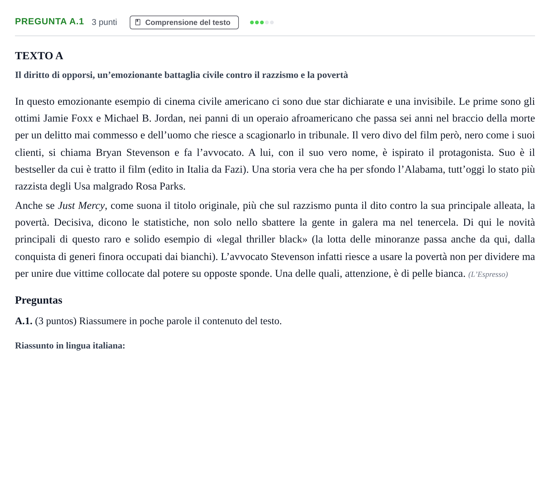 Enunciado: Pregunta A.1 · Italiano PAU Madrid Extraordinaria (2ª lengua) 2020