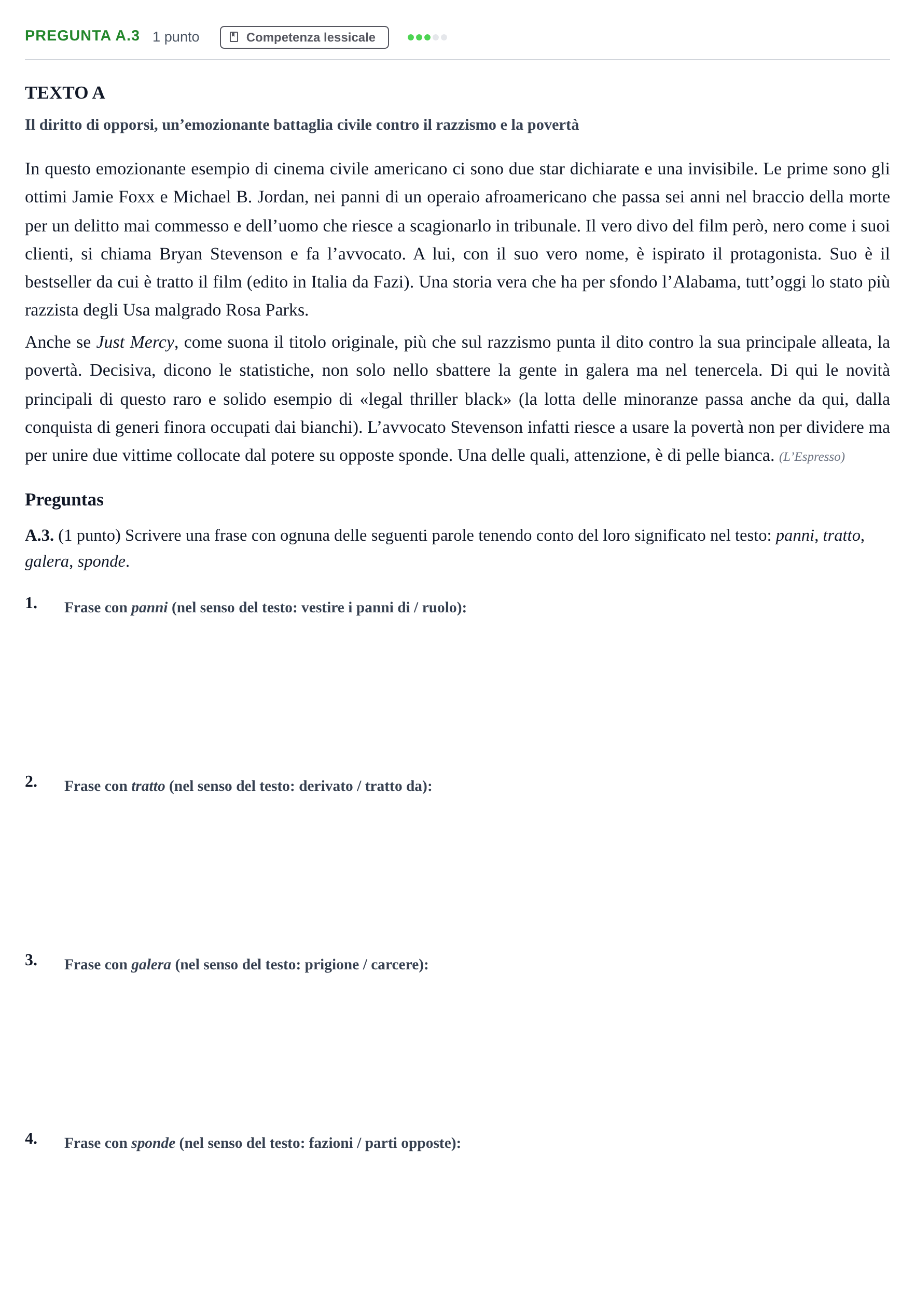 Enunciado: Pregunta A.3 · Italiano PAU Madrid Extraordinaria (2ª lengua) 2020