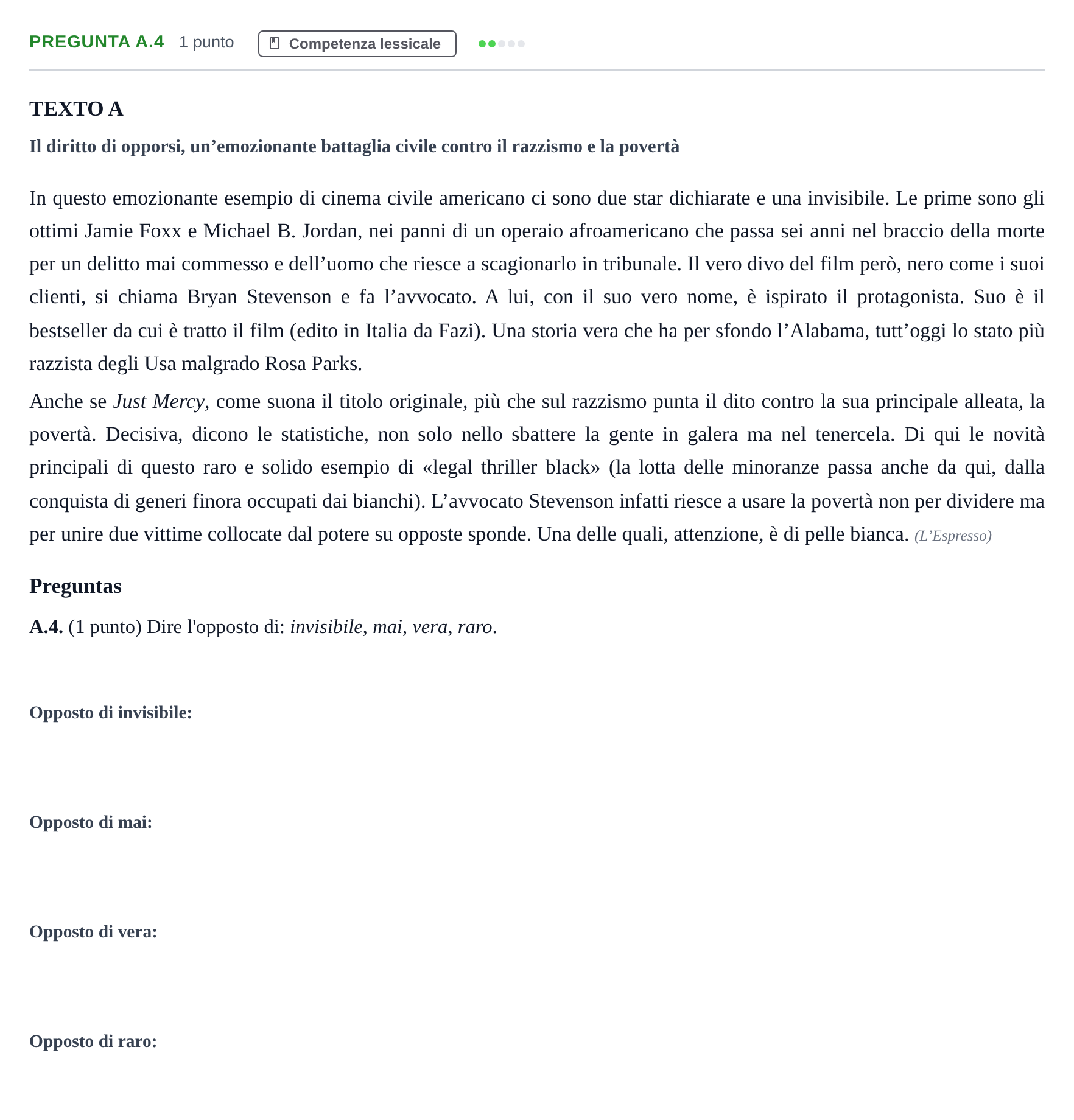 Enunciado: Pregunta A.4 · Italiano PAU Madrid Extraordinaria (2ª lengua) 2020