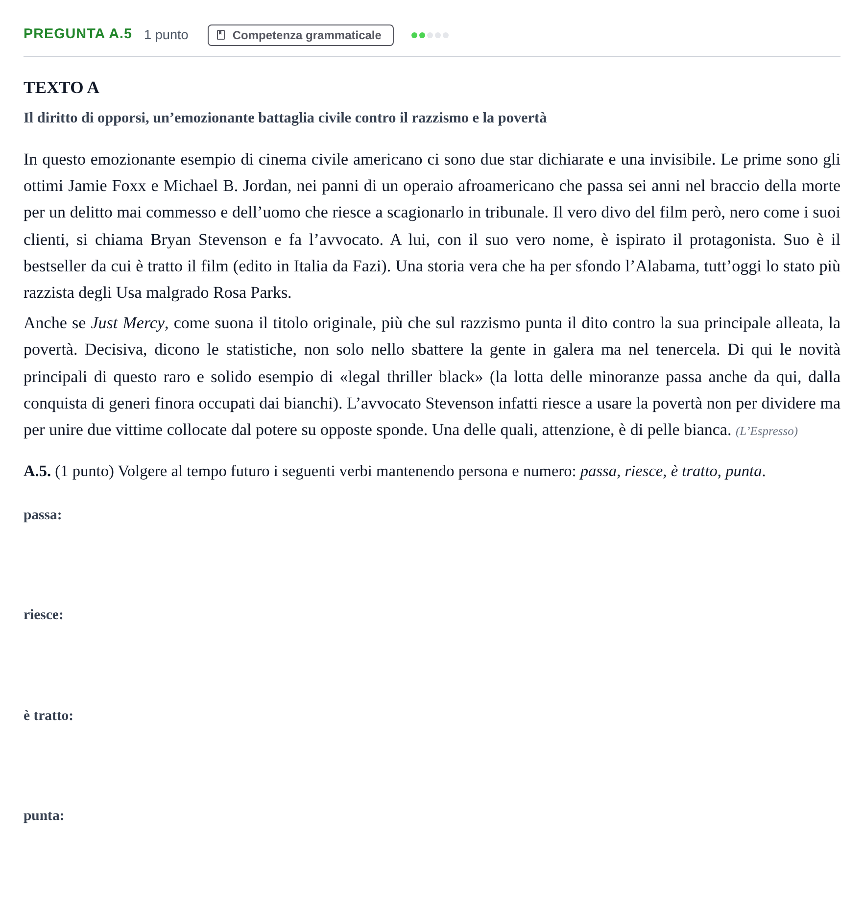 Enunciado: Pregunta A.5 · Italiano PAU Madrid Extraordinaria (2ª lengua) 2020