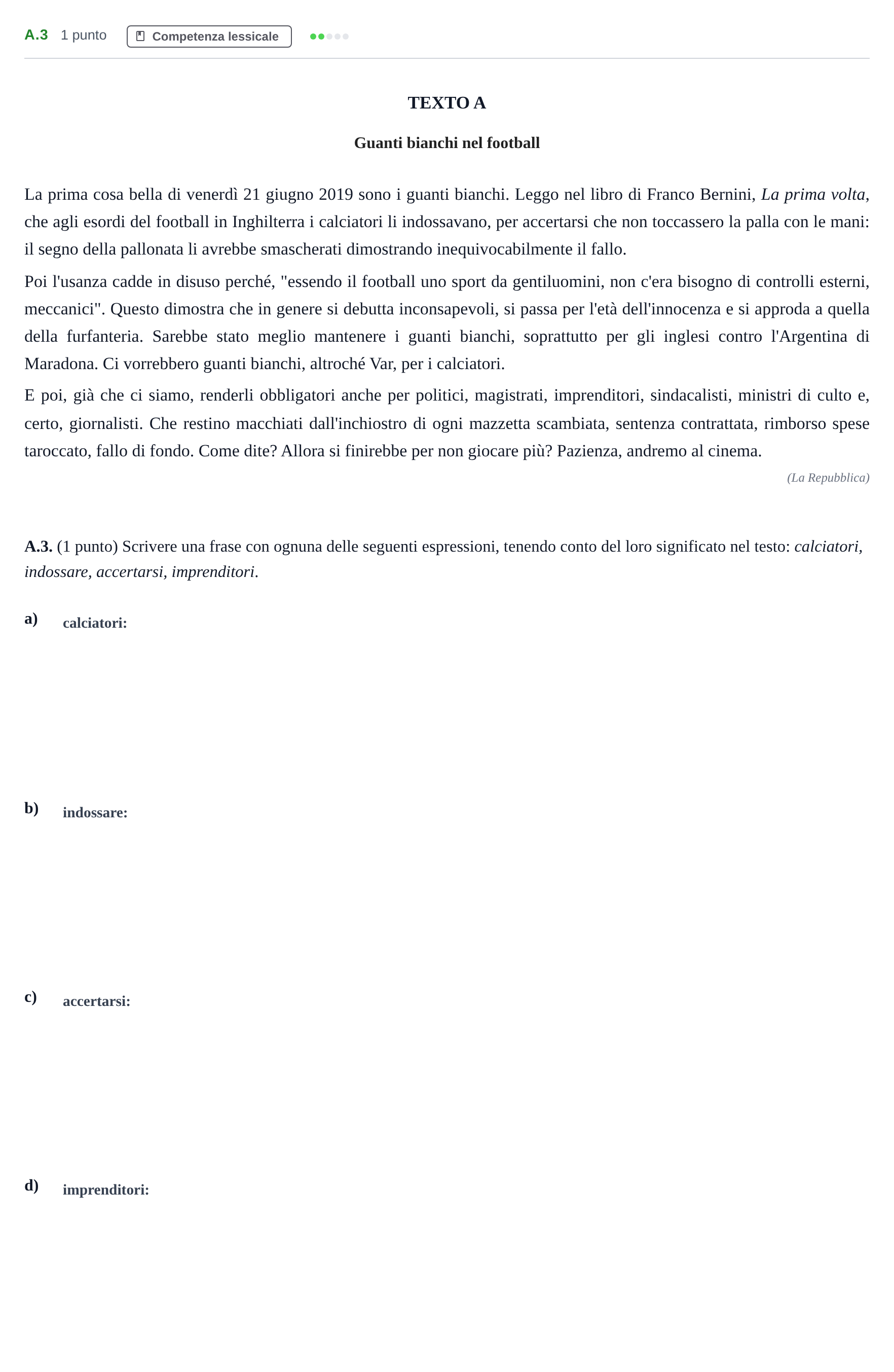 Enunciado: Ejercicio A.3 · Italiano PAU Madrid Modelo 2020