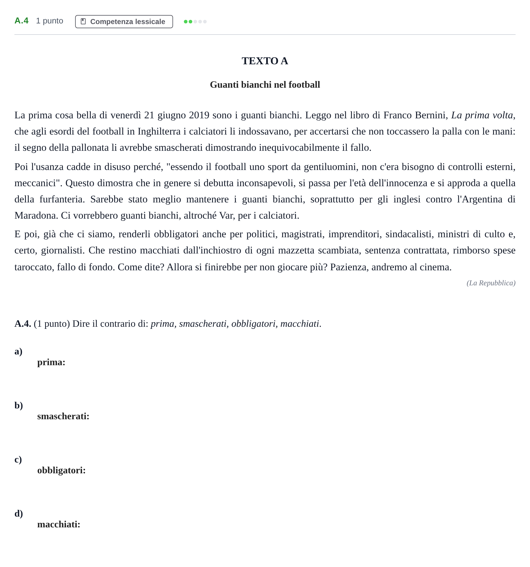 Enunciado: Ejercicio A.4 · Italiano PAU Madrid Modelo 2020