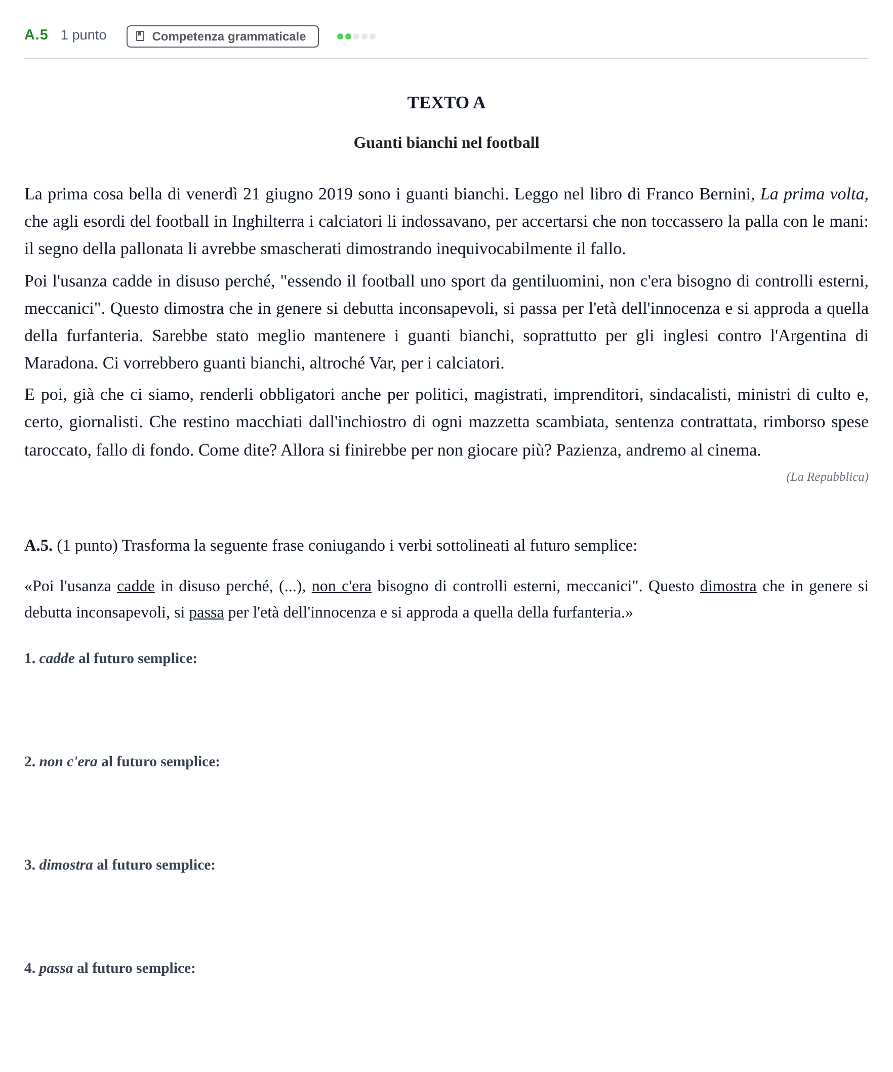 Enunciado: Ejercicio A.5 · Italiano PAU Madrid Modelo 2020