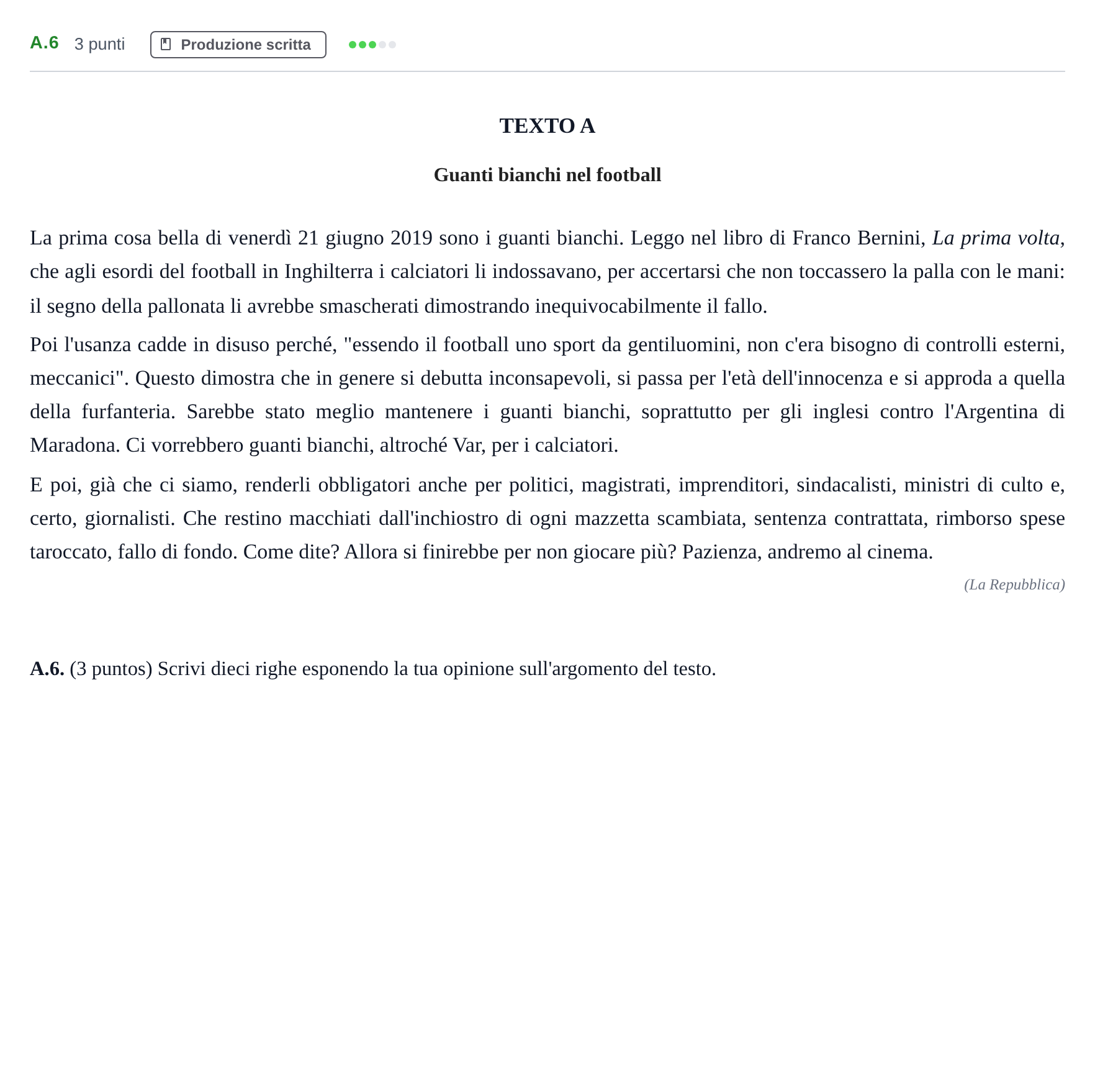 Enunciado: Ejercicio A.6 · Italiano PAU Madrid Modelo 2020