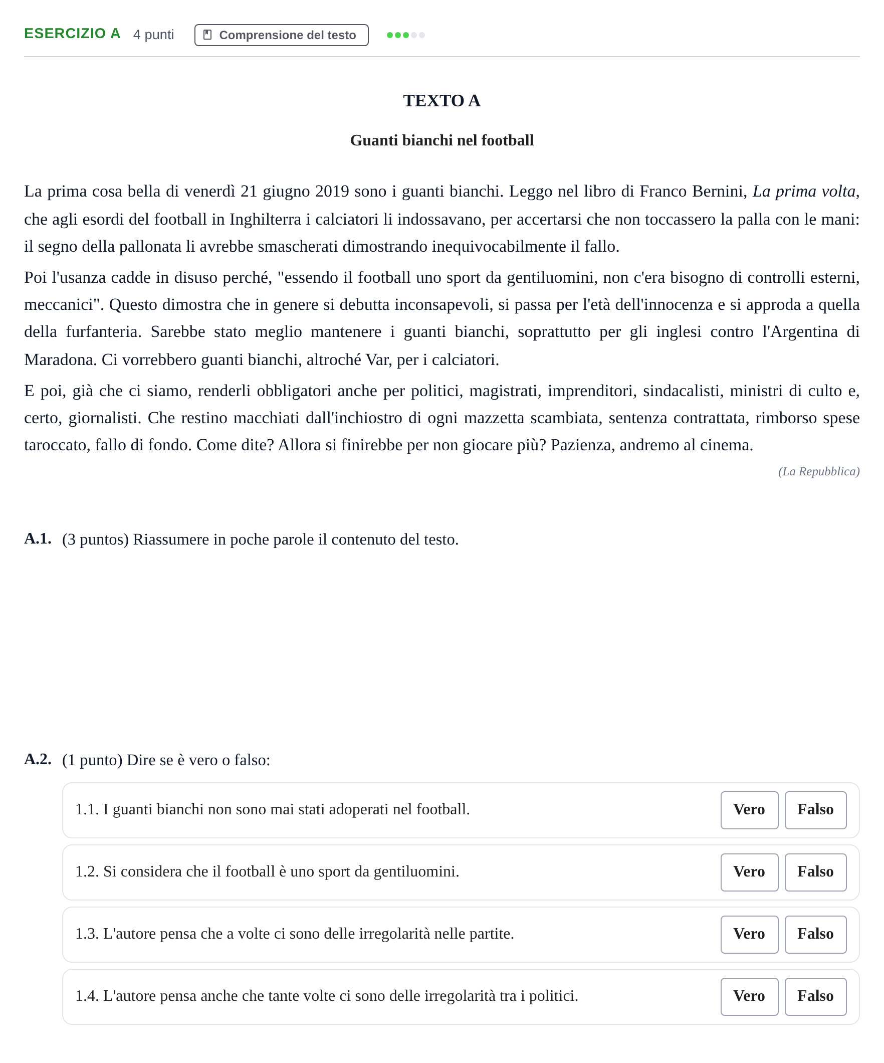 Enunciado: Ejercicio A · Italiano PAU Madrid Modelo 2020