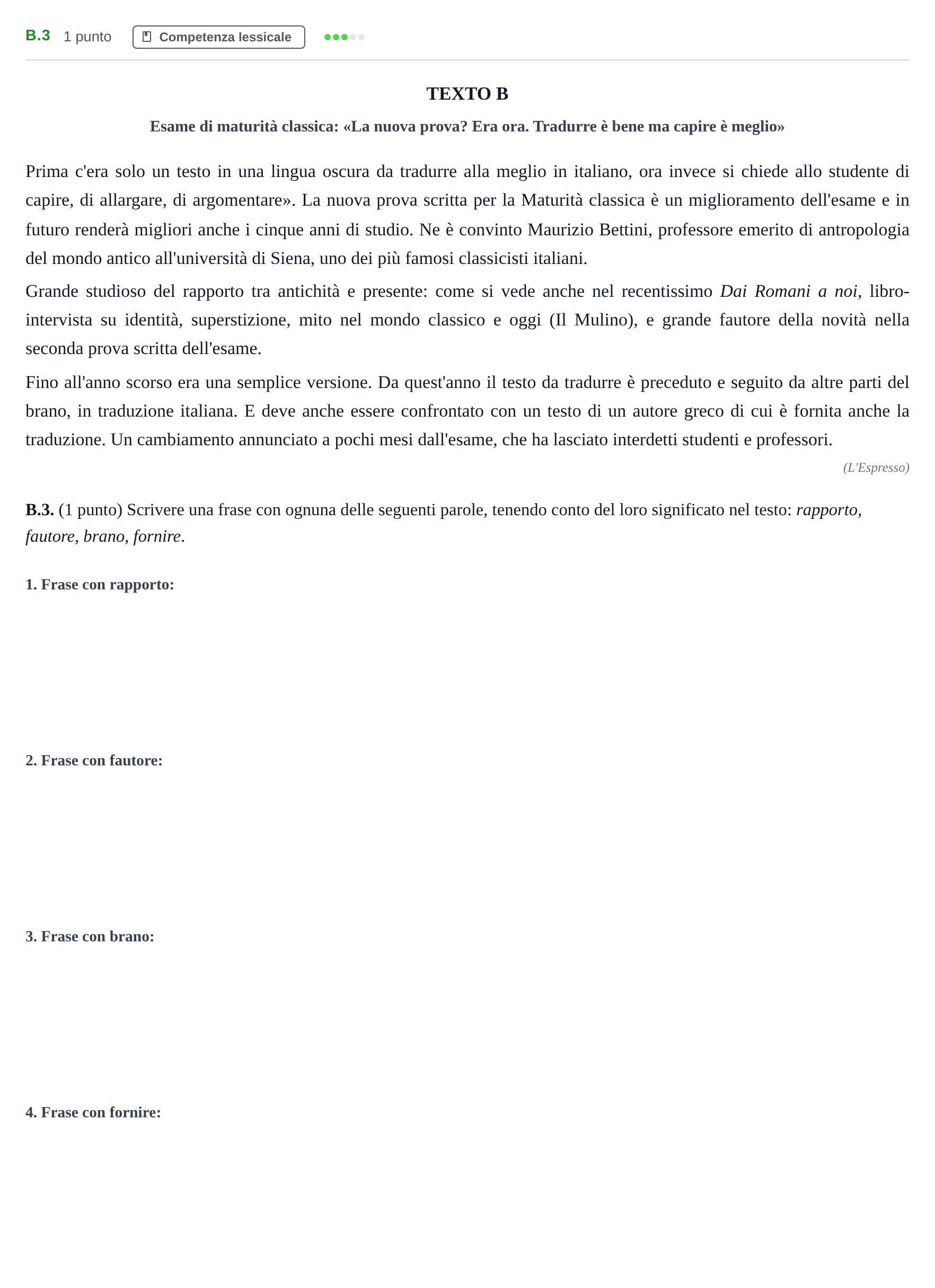 Enunciado: Ejercicio B.3 · Italiano PAU Madrid Modelo 2020