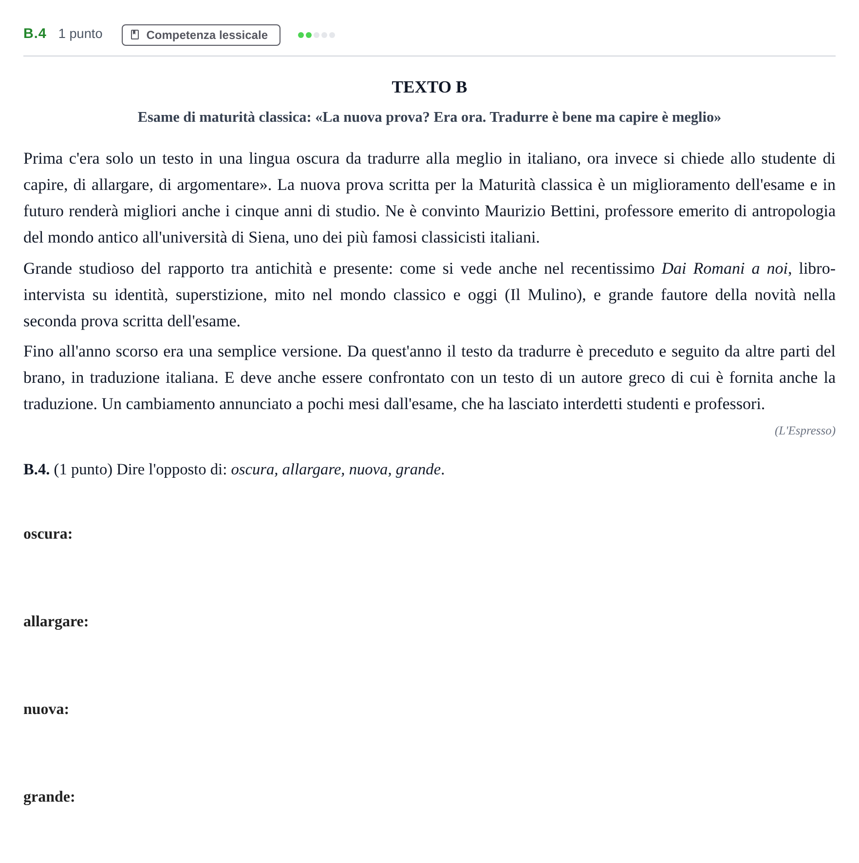 Enunciado: Ejercicio B.4 · Italiano PAU Madrid Modelo 2020