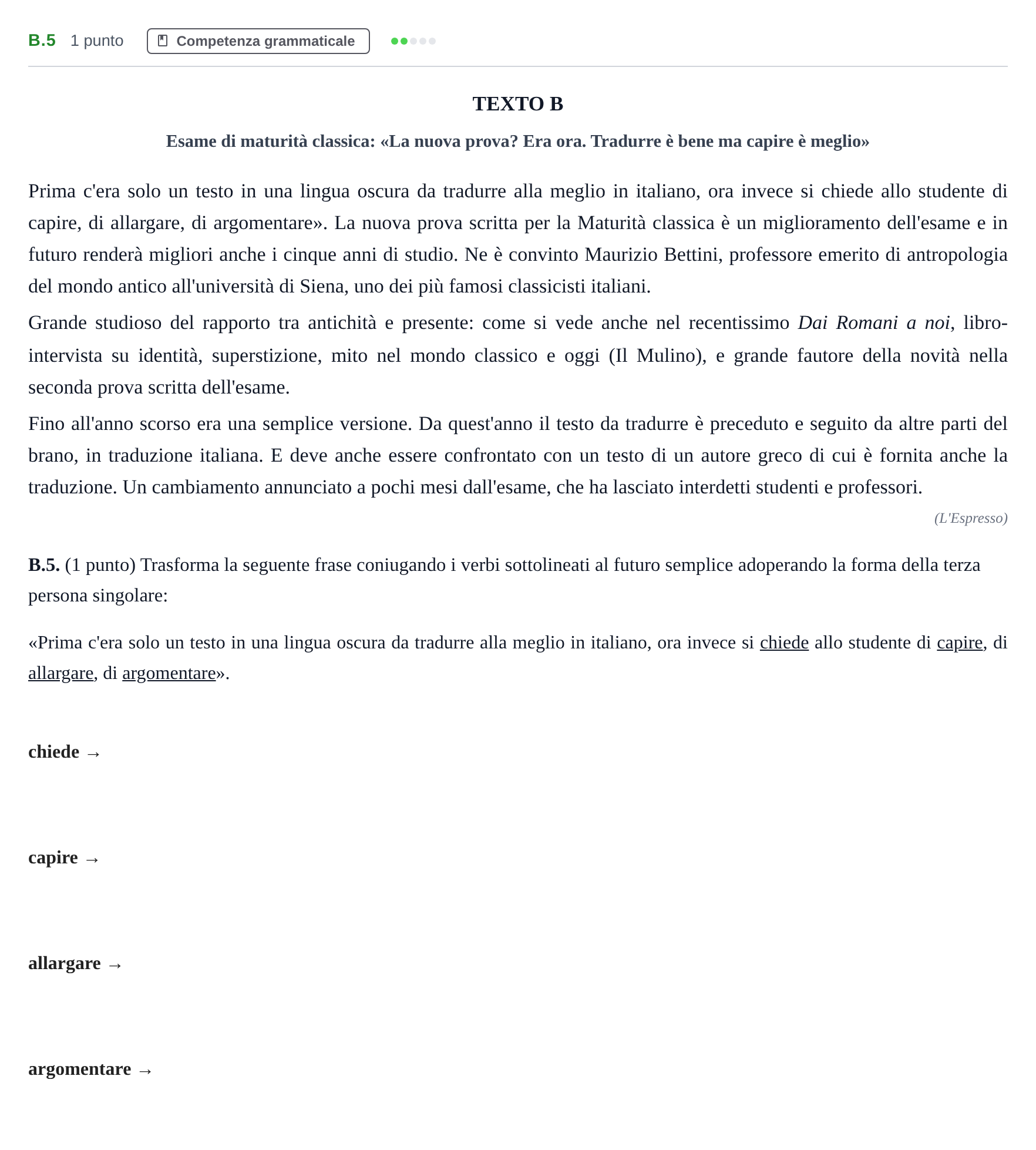 Enunciado: Ejercicio B.5 · Italiano PAU Madrid Modelo 2020