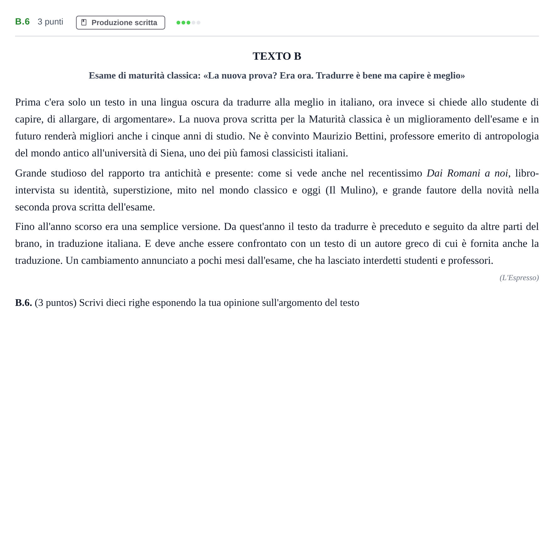 Enunciado: Ejercicio B.6 · Italiano PAU Madrid Modelo 2020