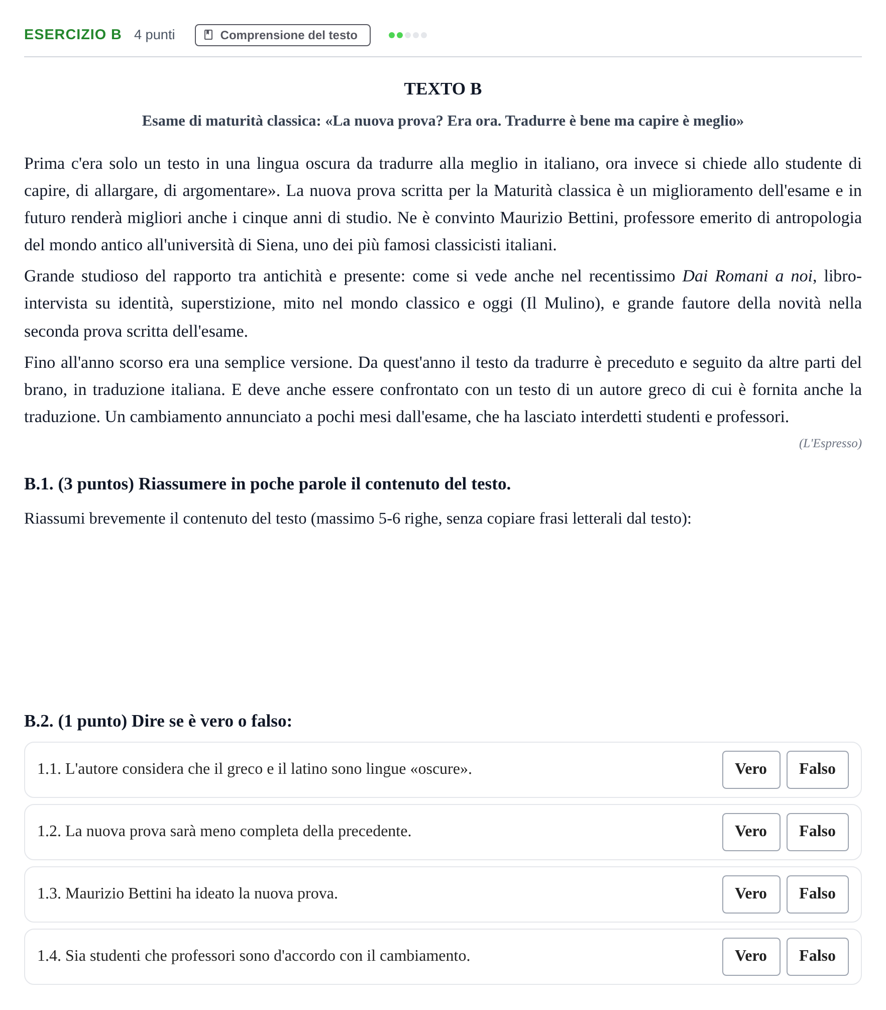 Enunciado: Ejercicio B · Italiano PAU Madrid Modelo 2020