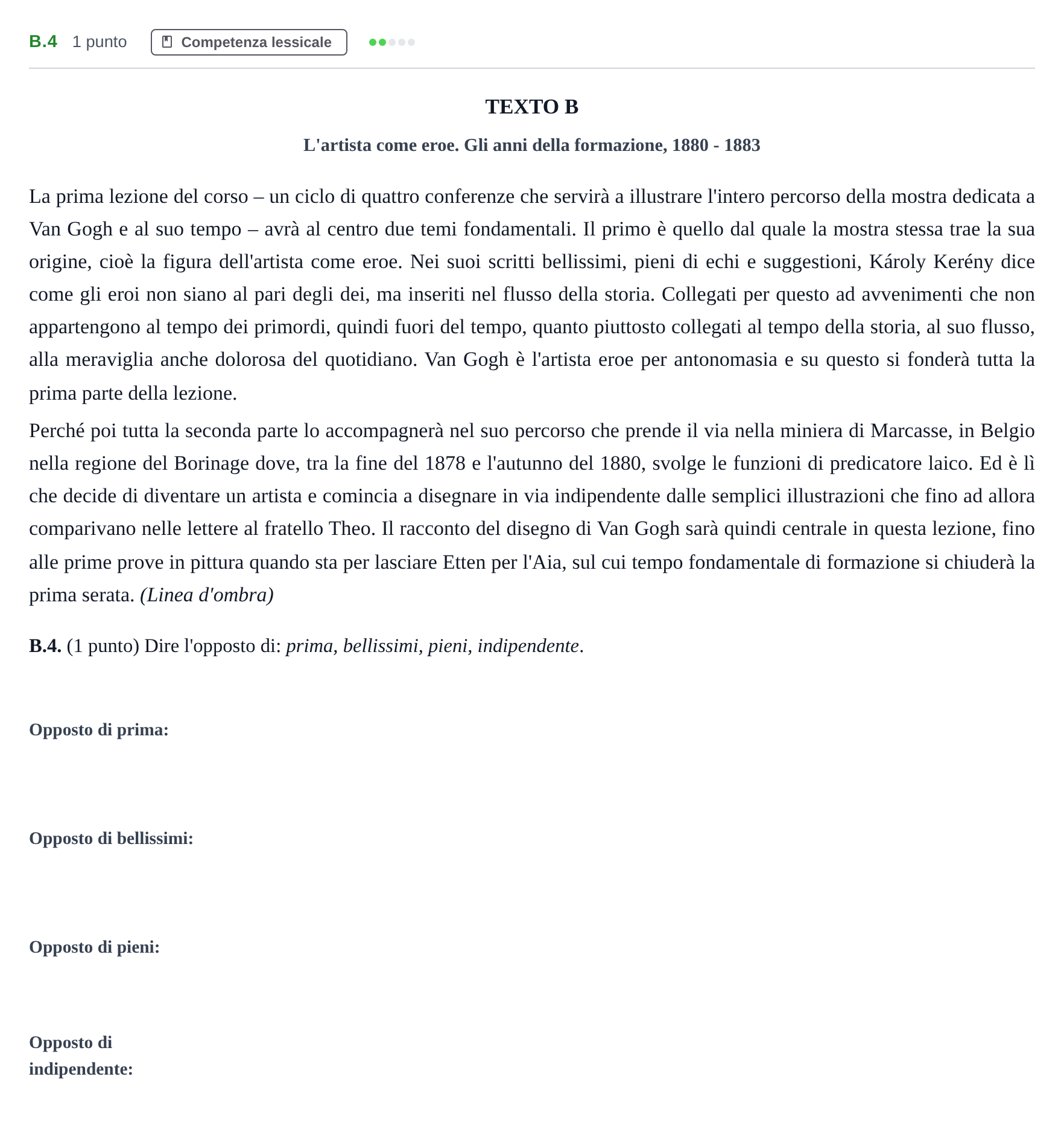 Enunciado: Ejercicio B.4 · Italiano PAU Madrid Ordinaria (2ª lengua) Coincidencias 2020