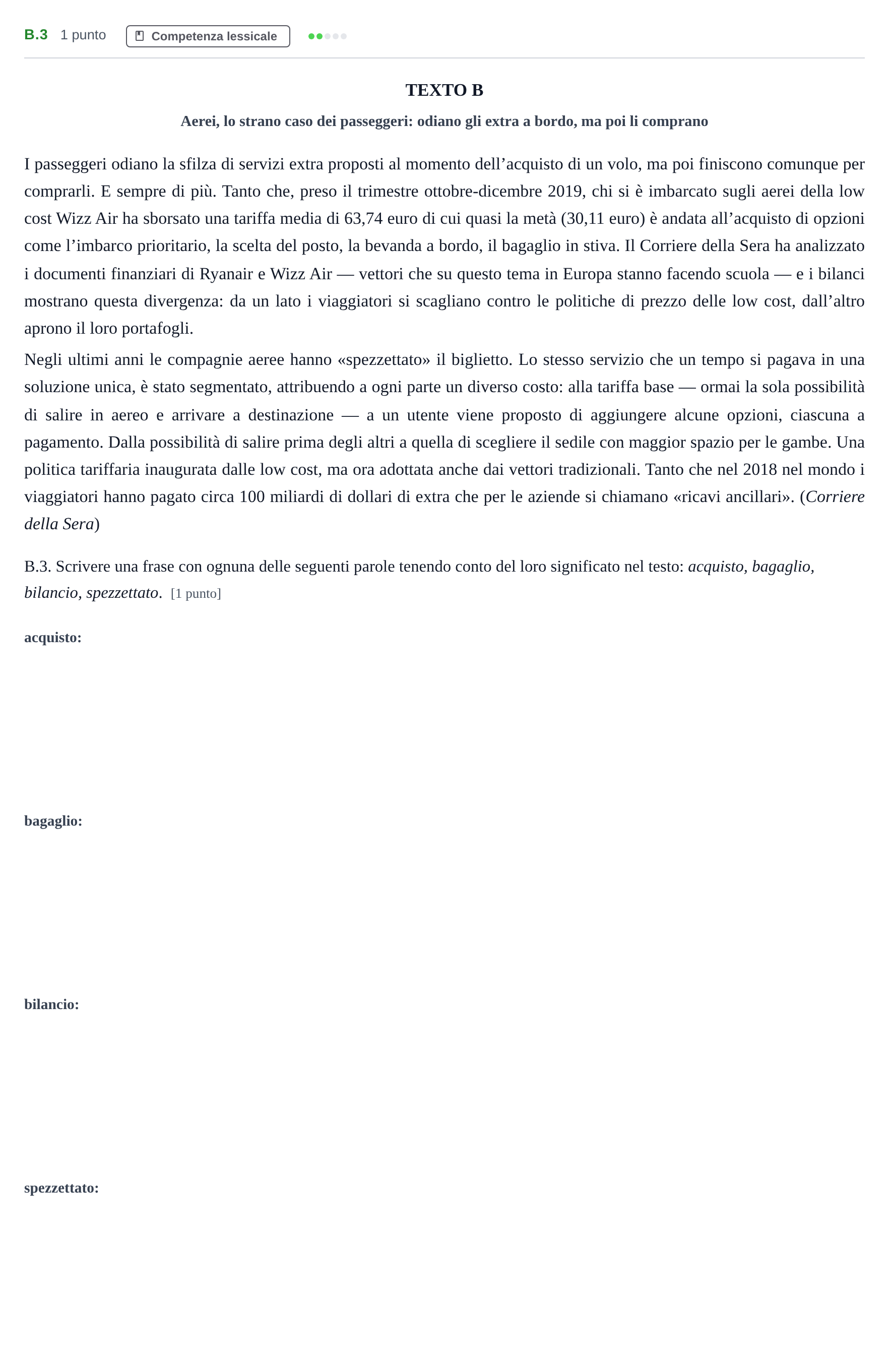 Enunciado: Ejercicio B.3 · Italiano PAU Madrid Ordinaria (2ª lengua) 2020