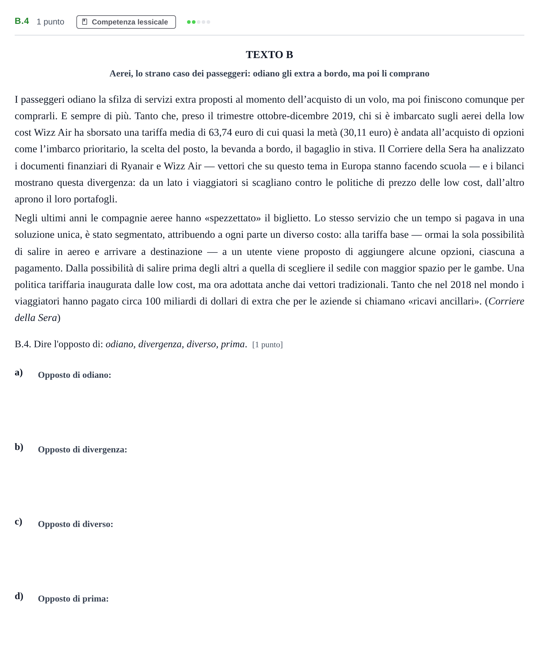 Enunciado: Ejercicio B.4 · Italiano PAU Madrid Ordinaria (2ª lengua) 2020