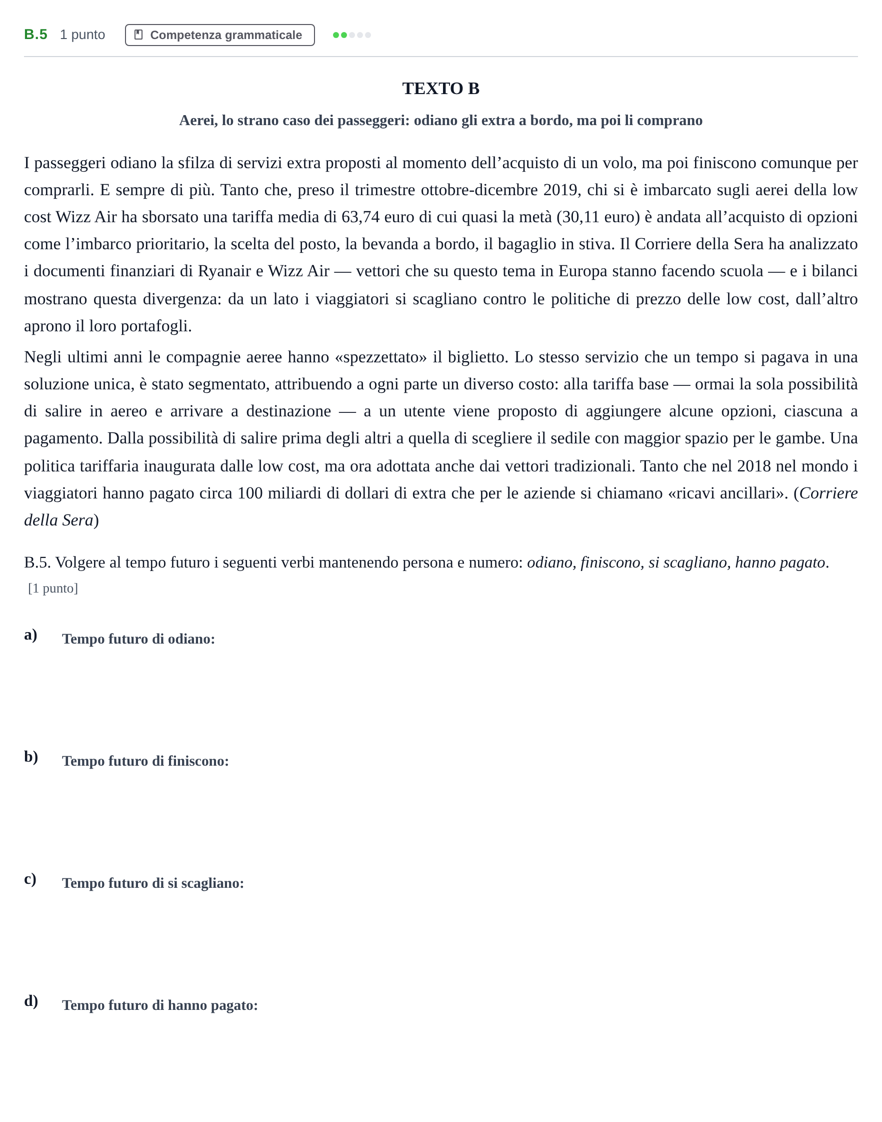 Enunciado: Ejercicio B.5 · Italiano PAU Madrid Ordinaria (2ª lengua) 2020