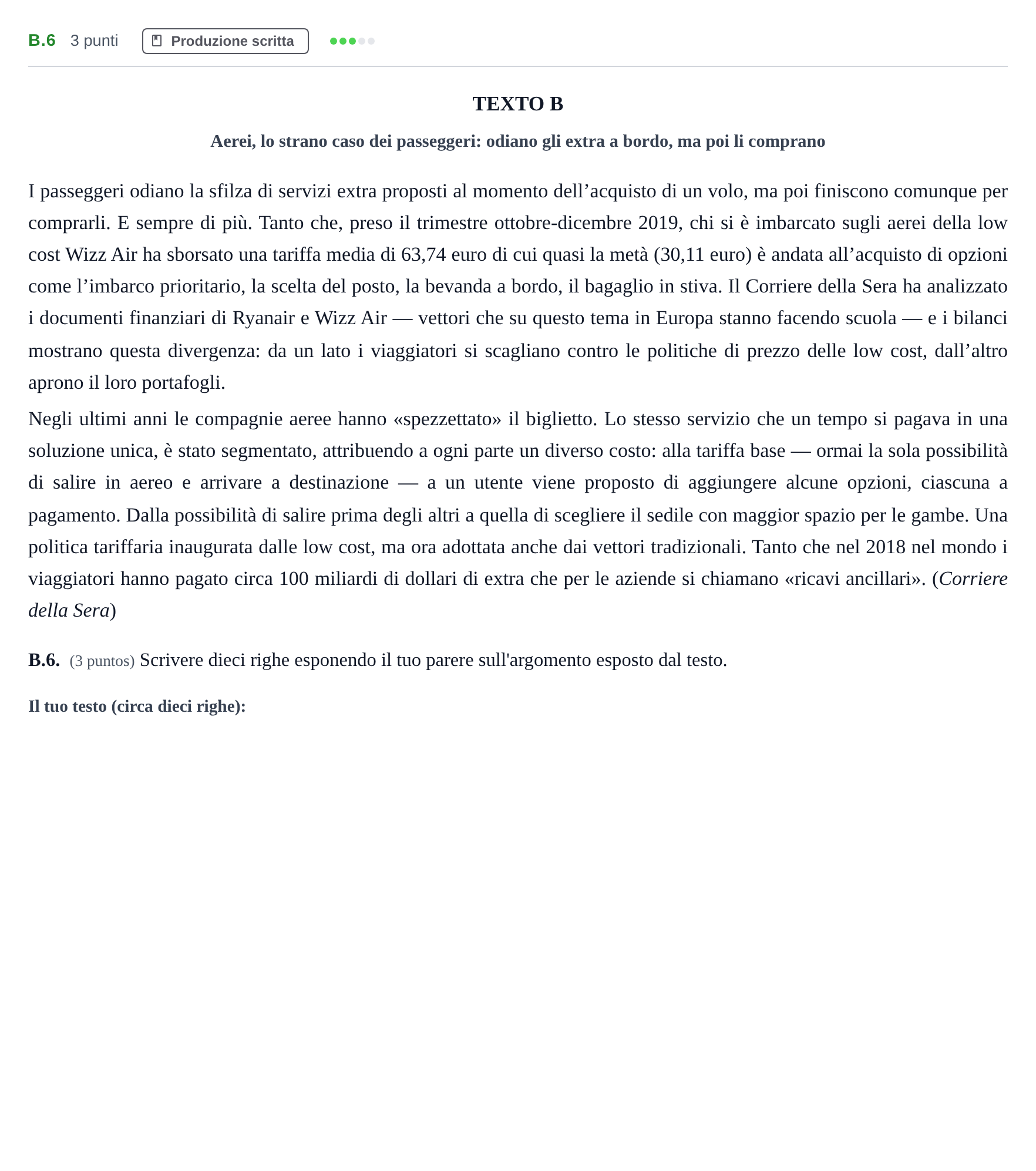 Enunciado: Ejercicio B.6 · Italiano PAU Madrid Ordinaria (2ª lengua) 2020