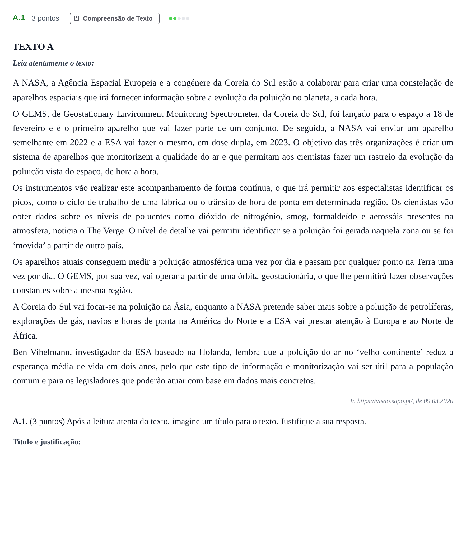 Enunciado: Ejercicio A.1 · Portugués PAU Madrid Ordinaria (2ª lengua) 2020