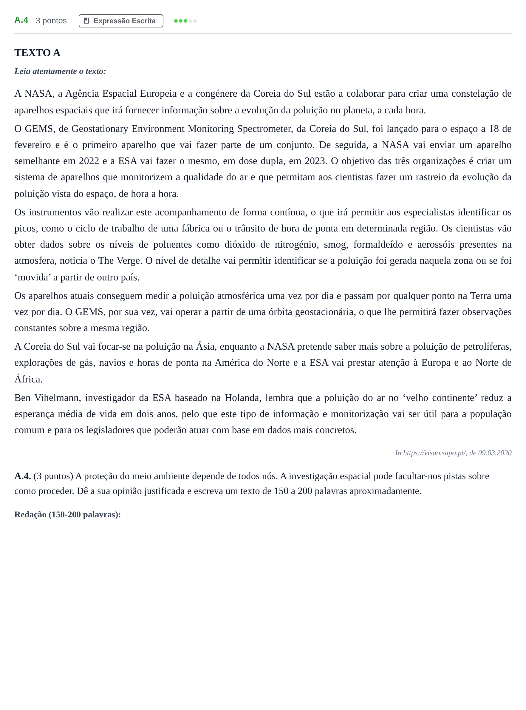 Enunciado: Ejercicio A.4 · Portugués PAU Madrid Ordinaria (2ª lengua) 2020