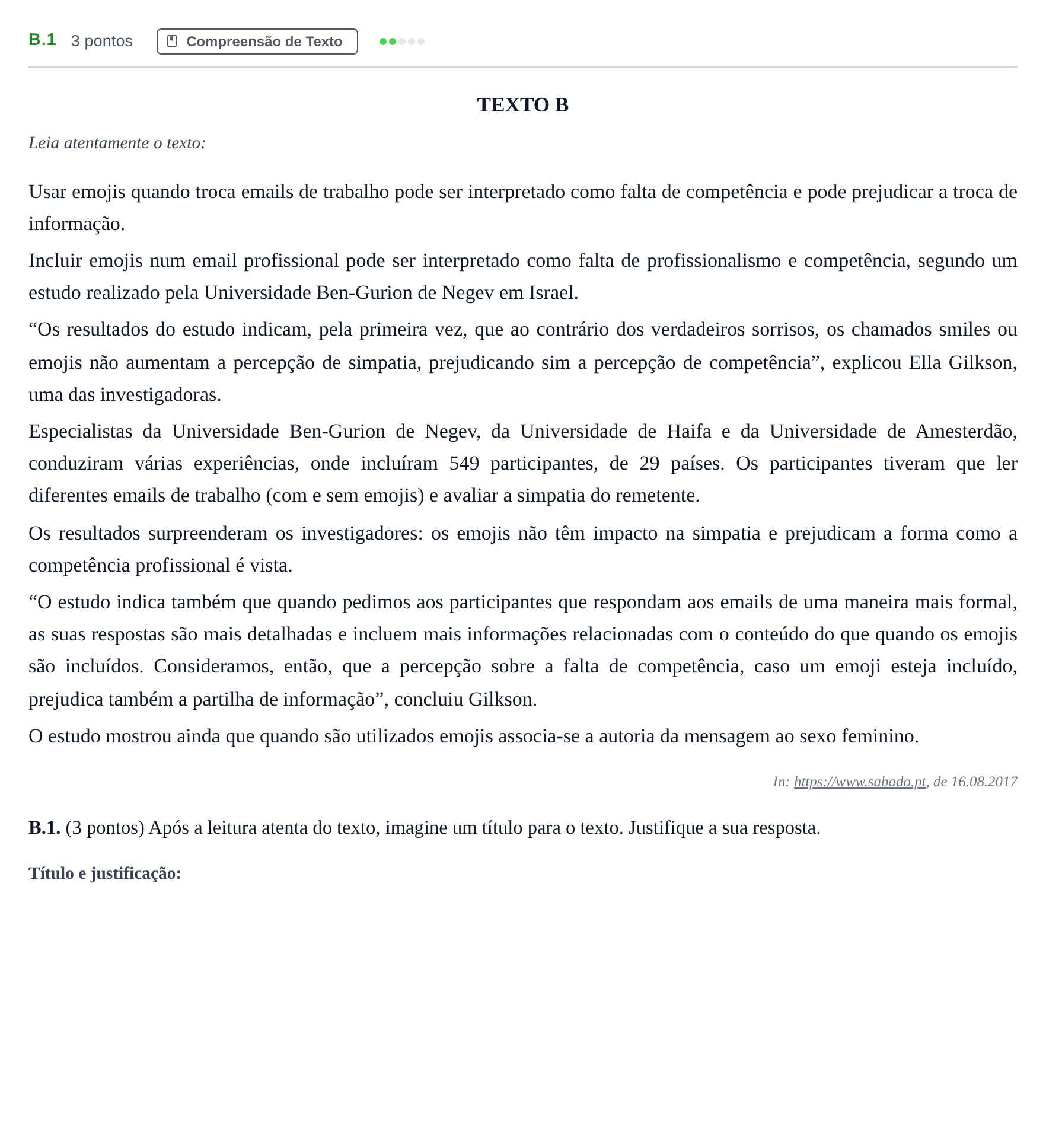 Enunciado: Ejercicio B.1 · Portugués PAU Madrid Ordinaria (2ª lengua) 2020
