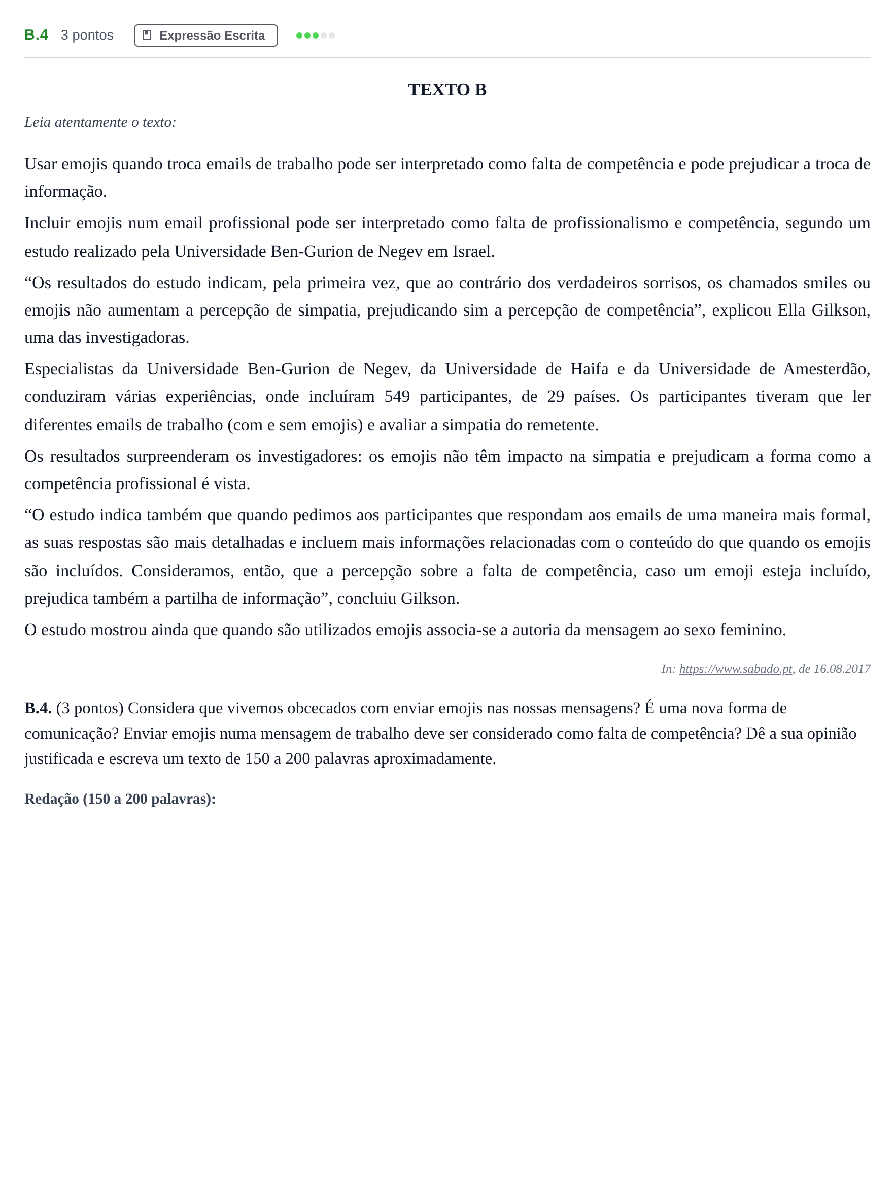 Enunciado: Ejercicio B.4 · Portugués PAU Madrid Ordinaria (2ª lengua) 2020