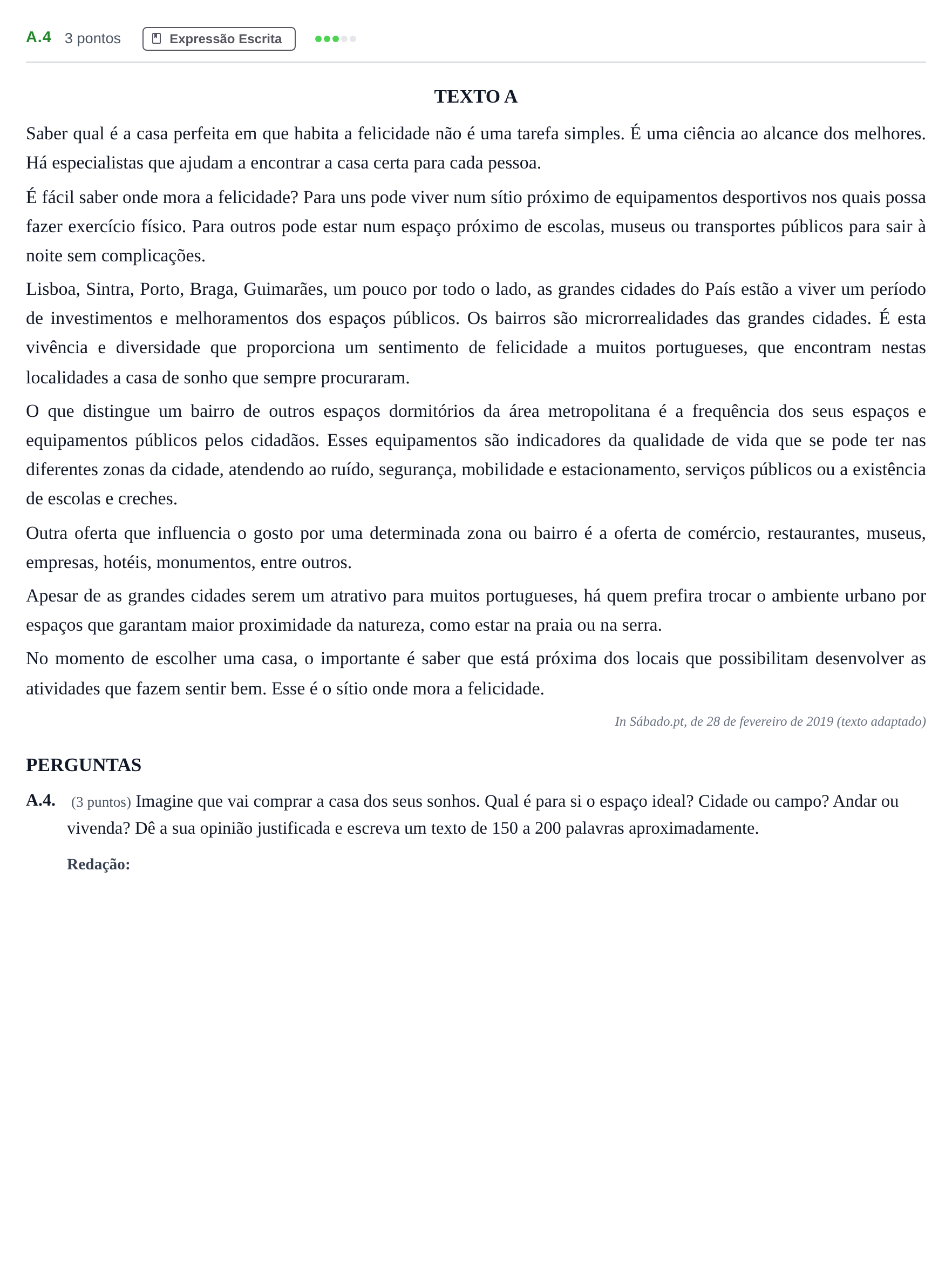 Enunciado: Ejercicio A.4 · Portugués PAU Madrid Modelo 2020