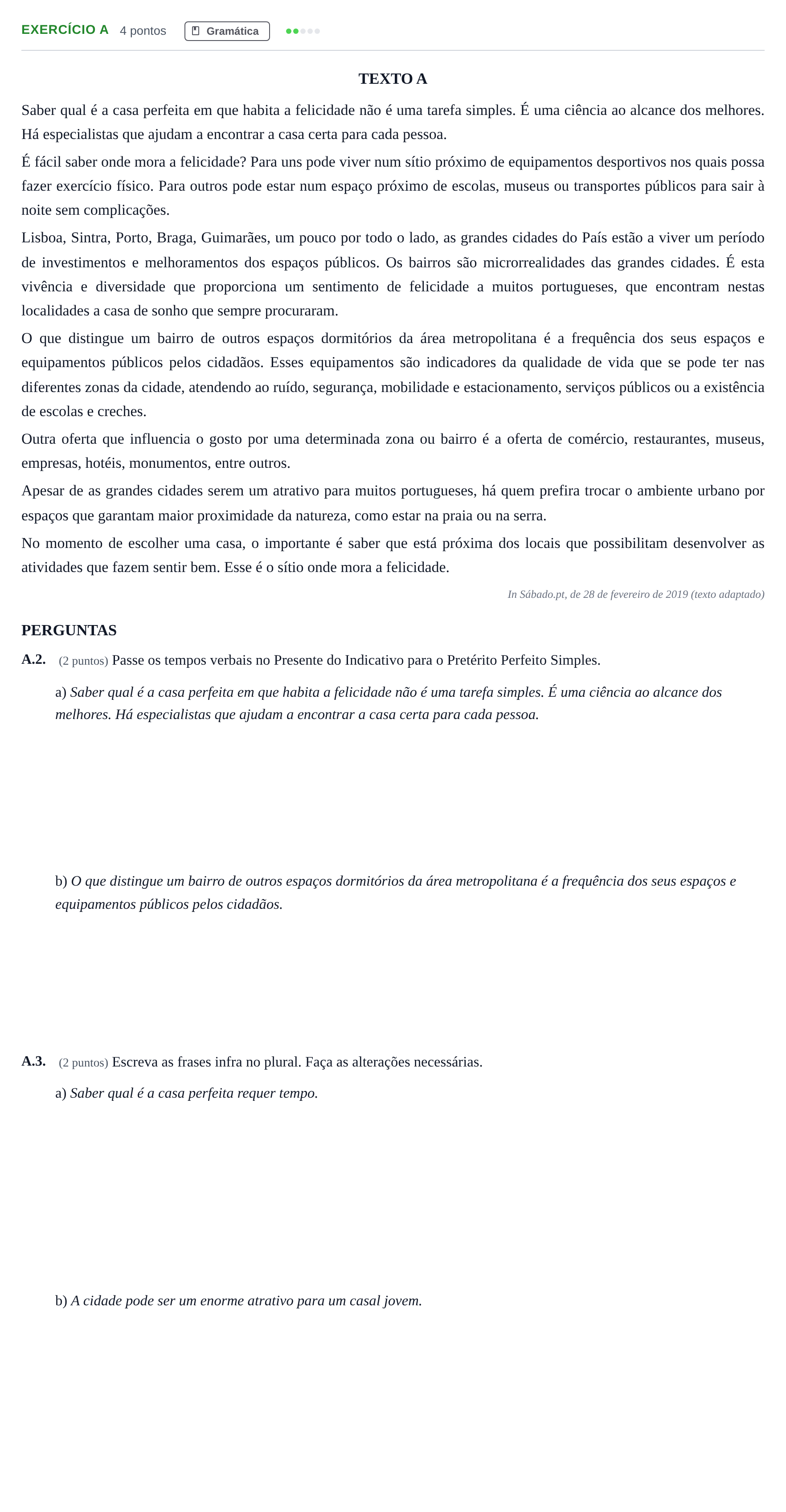 Enunciado: Ejercicio A · Portugués PAU Madrid Modelo 2020