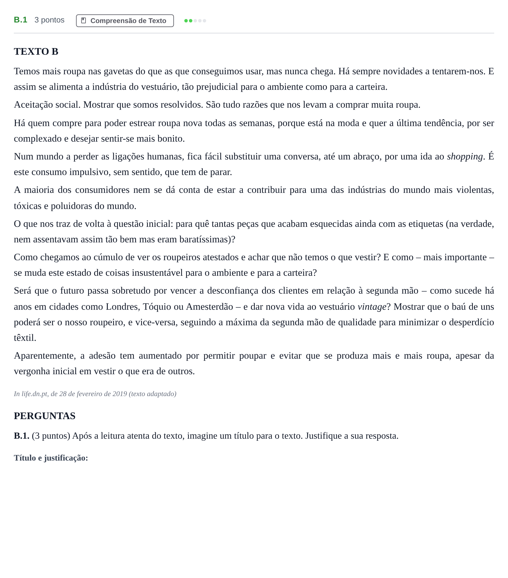 Enunciado: Ejercicio B.1 · Portugués PAU Madrid Modelo 2020