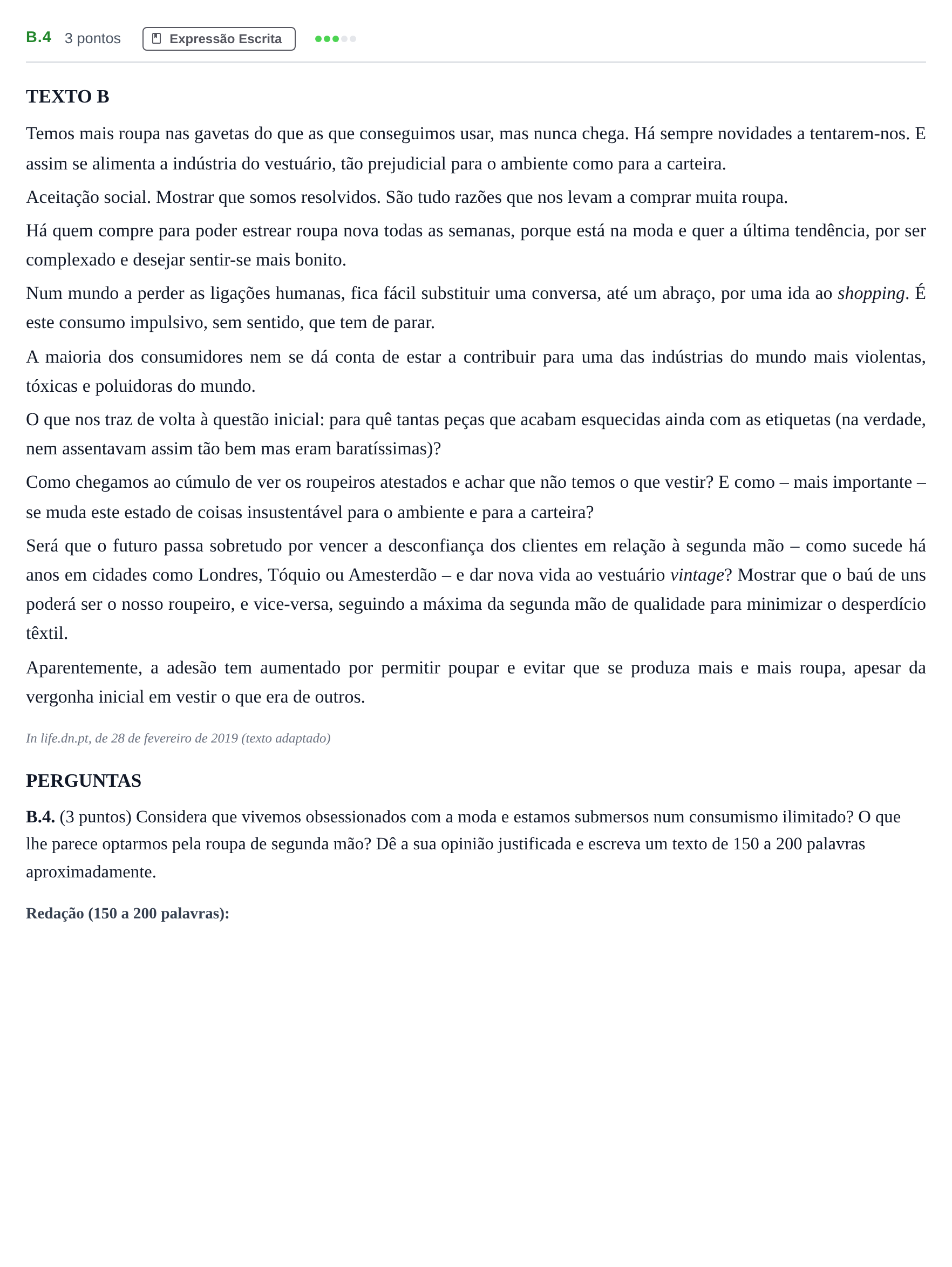 Enunciado: Ejercicio B.4 · Portugués PAU Madrid Modelo 2020