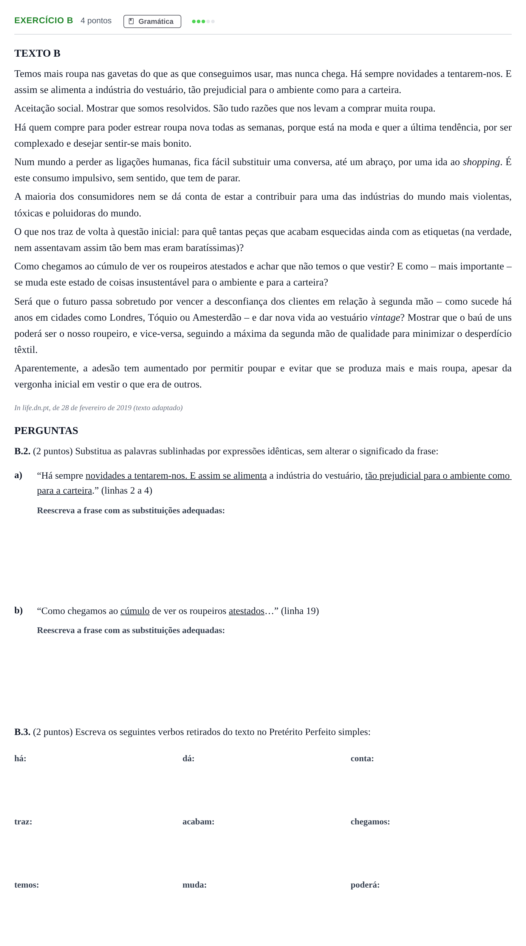 Enunciado: Ejercicio B · Portugués PAU Madrid Modelo 2020