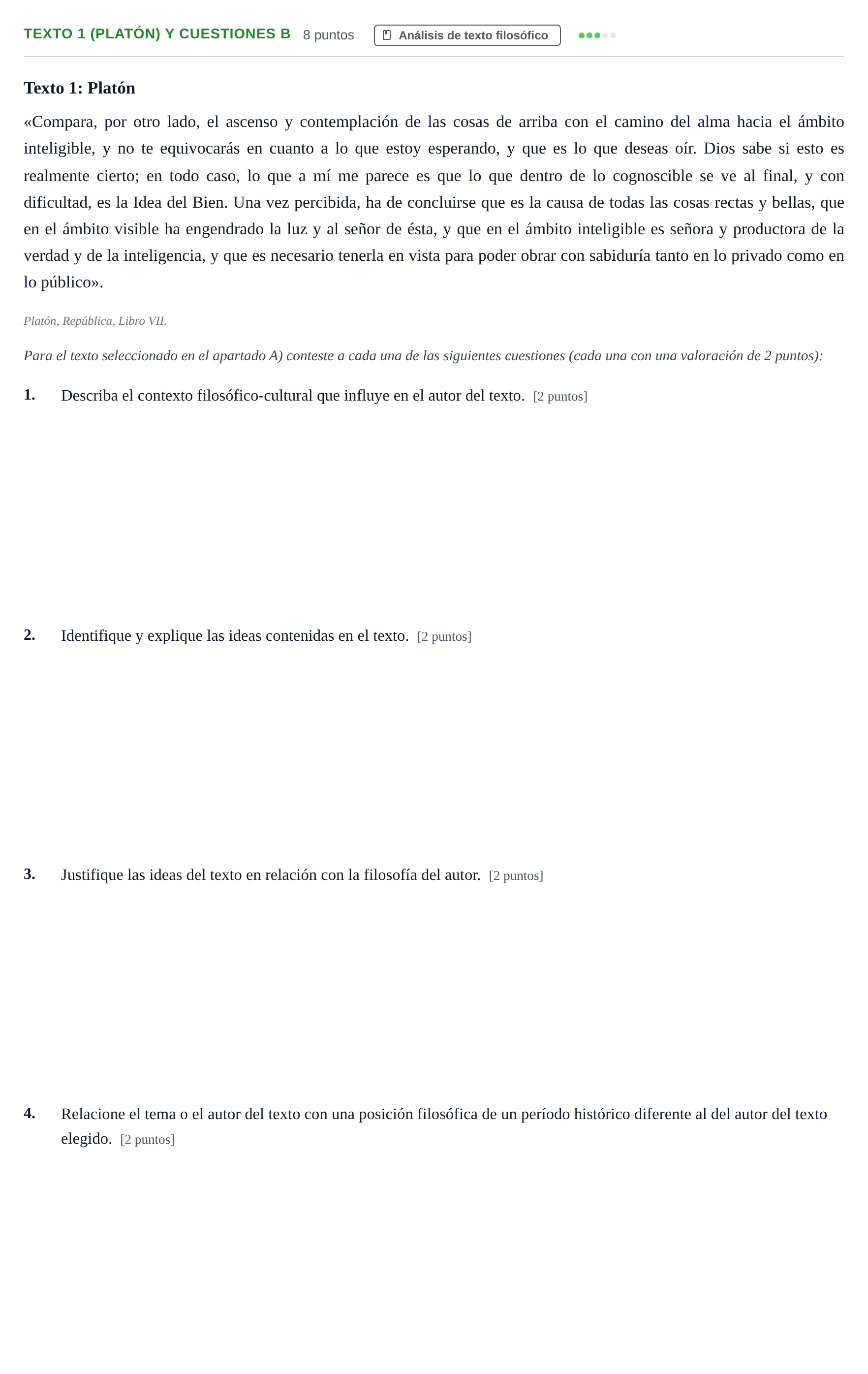 Enunciado: Ejercicio Texto 1 (Platón) y cuestiones B · Historia de la Filosofía PAU Andalucía Examen 3 2020