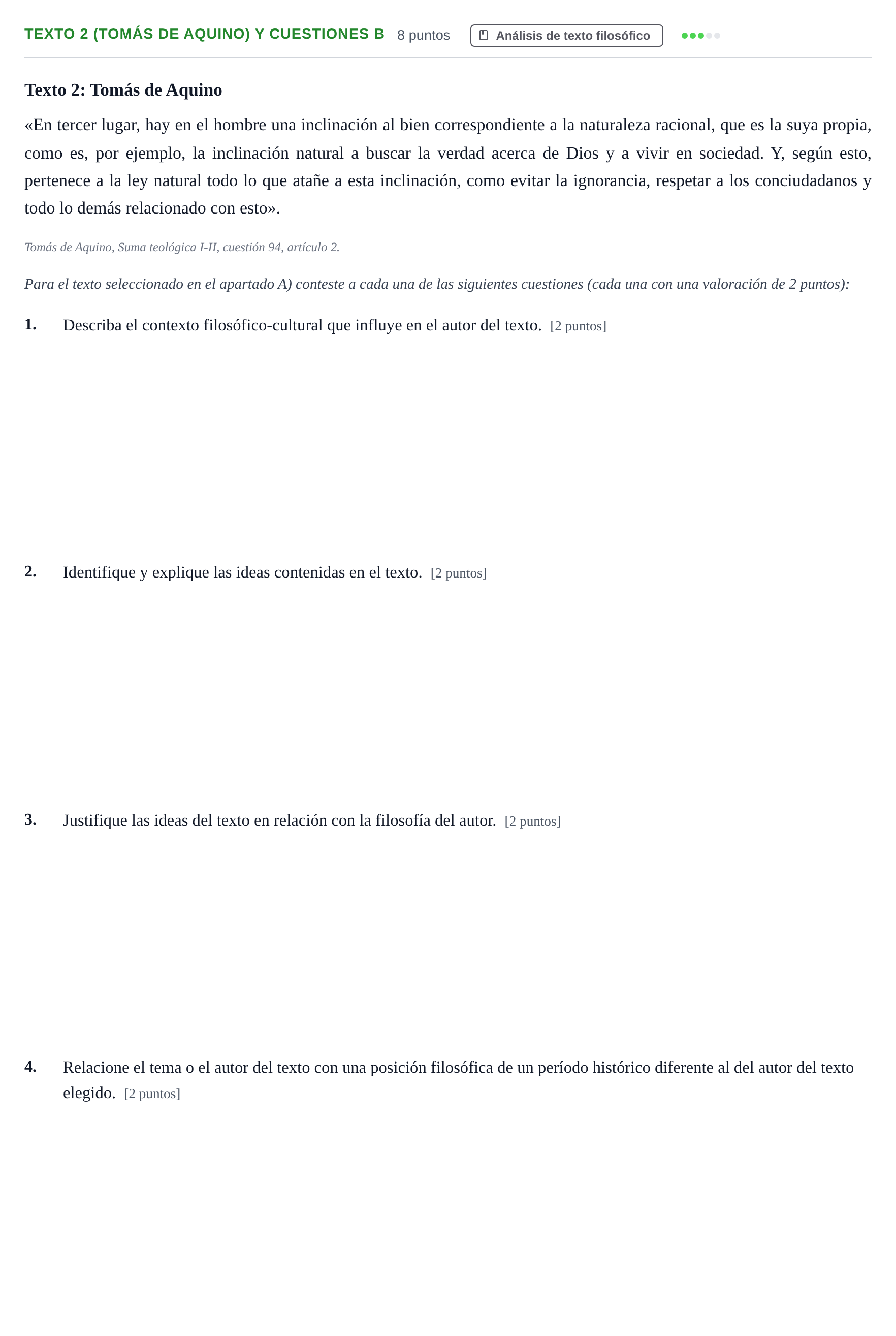 Enunciado: Ejercicio Texto 2 (Tomás de Aquino) y cuestiones B · Historia de la Filosofía PAU Andalucía Examen 3 2020