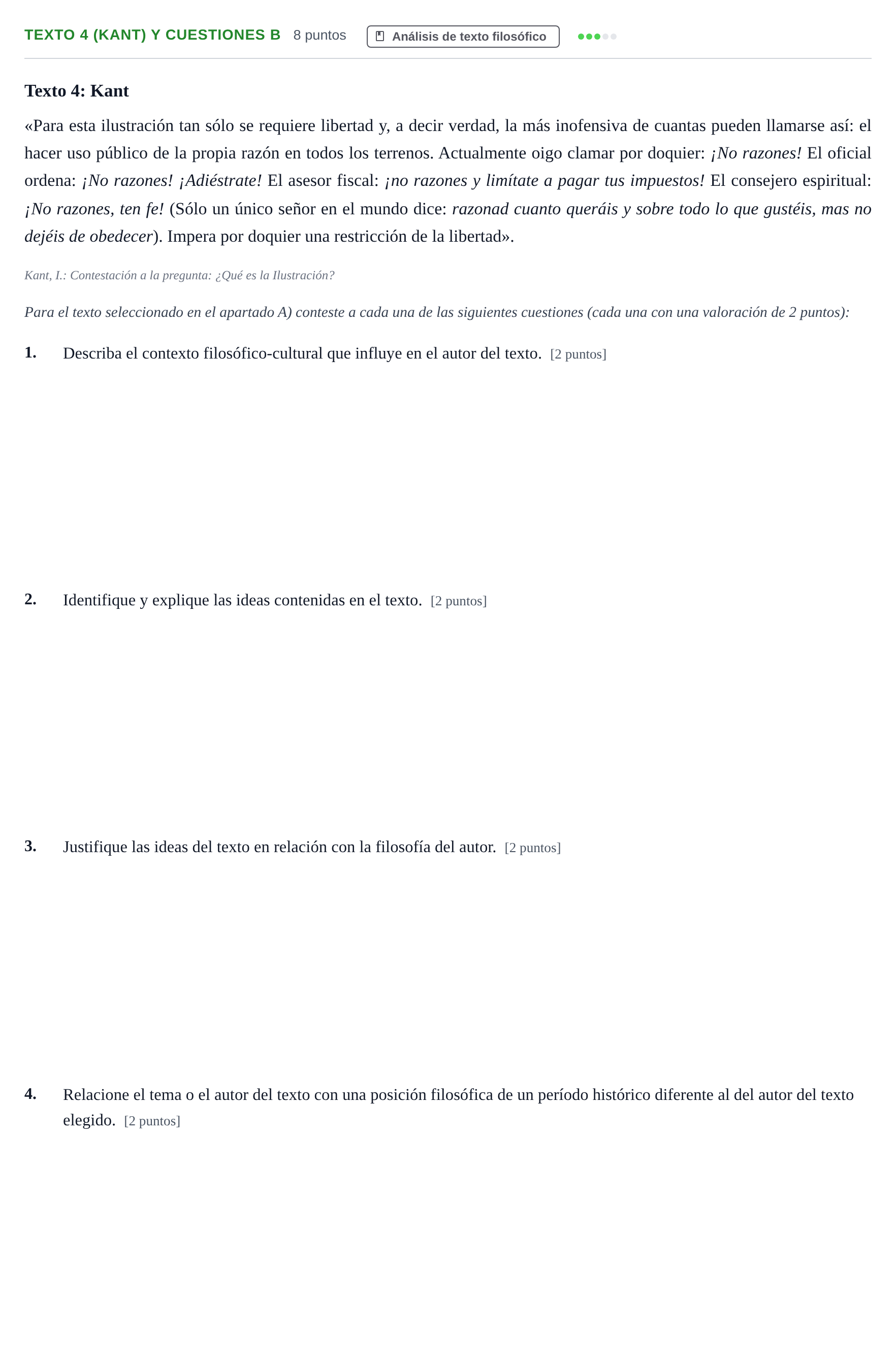 Enunciado: Ejercicio Texto 4 (Kant) y cuestiones B · Historia de la Filosofía PAU Andalucía Examen 3 2020