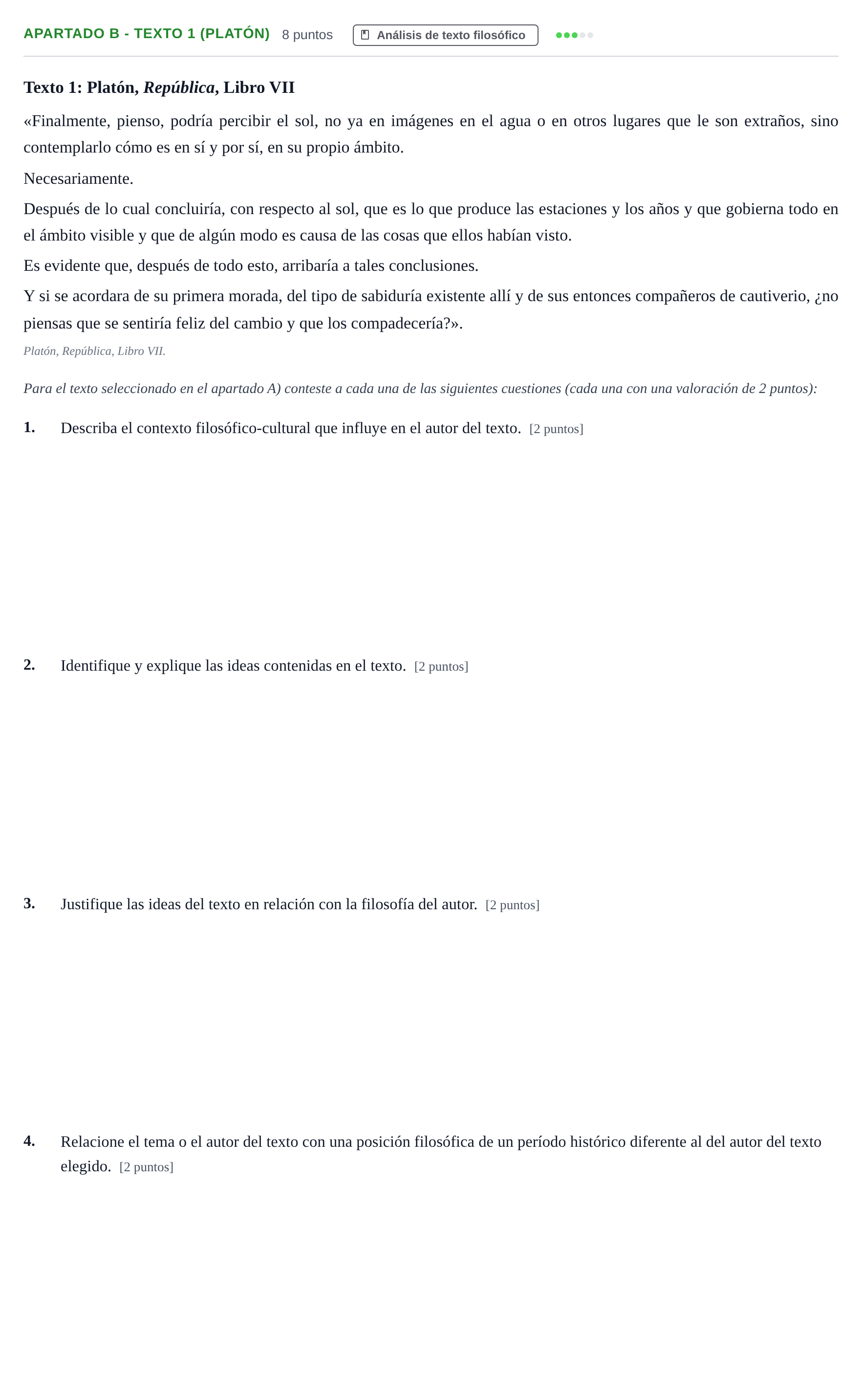 Enunciado: Apartado B - Texto 1 (Platón) · Historia de la Filosofía PAU Andalucía Examen 4 2020