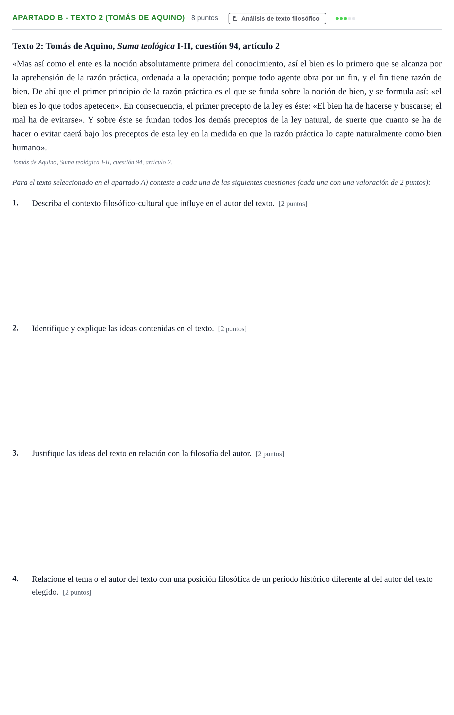 Enunciado: Apartado B - Texto 2 (Tomás de Aquino) · Historia de la Filosofía PAU Andalucía Examen 4 2020