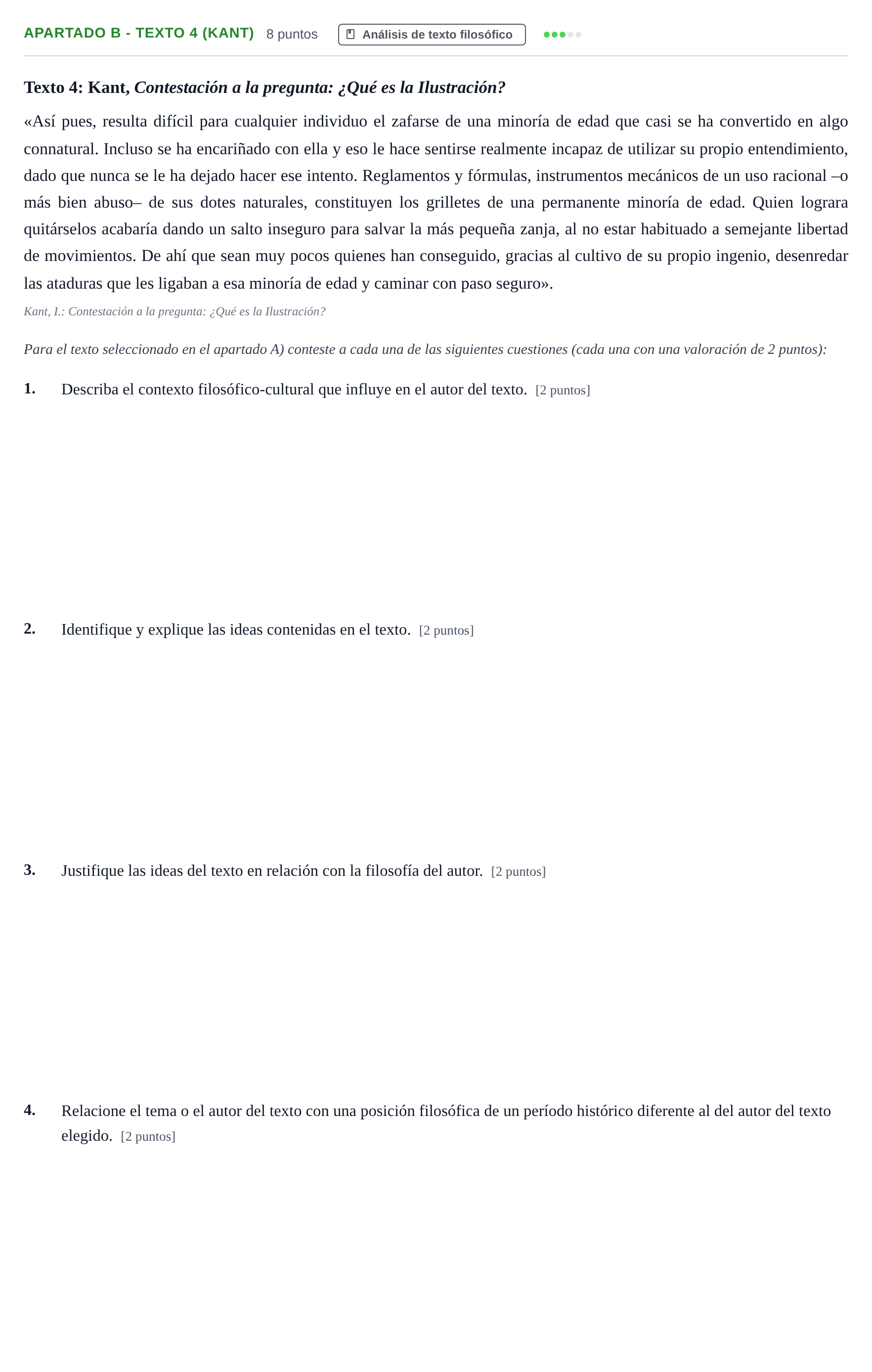Enunciado: Apartado B - Texto 4 (Kant) · Historia de la Filosofía PAU Andalucía Examen 4 2020
