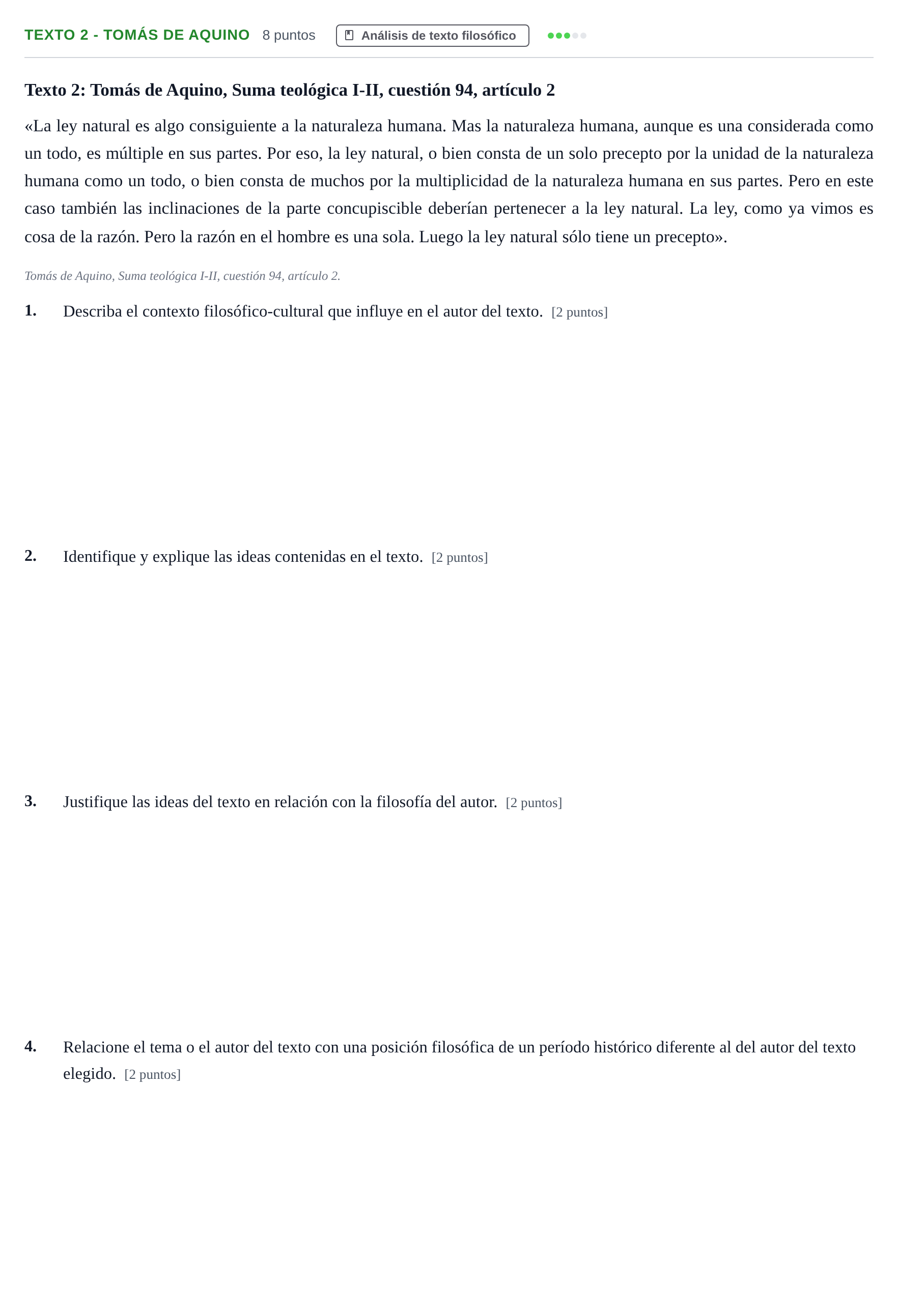 Enunciado: Ejercicio Texto 2 - Tomás de Aquino · Historia de la Filosofía PAU Andalucía Examen 5 2020