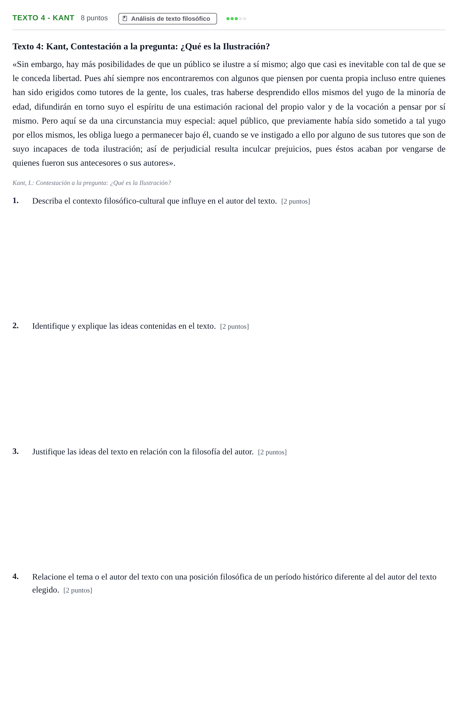 Enunciado: Ejercicio Texto 4 - Kant · Historia de la Filosofía PAU Andalucía Examen 5 2020