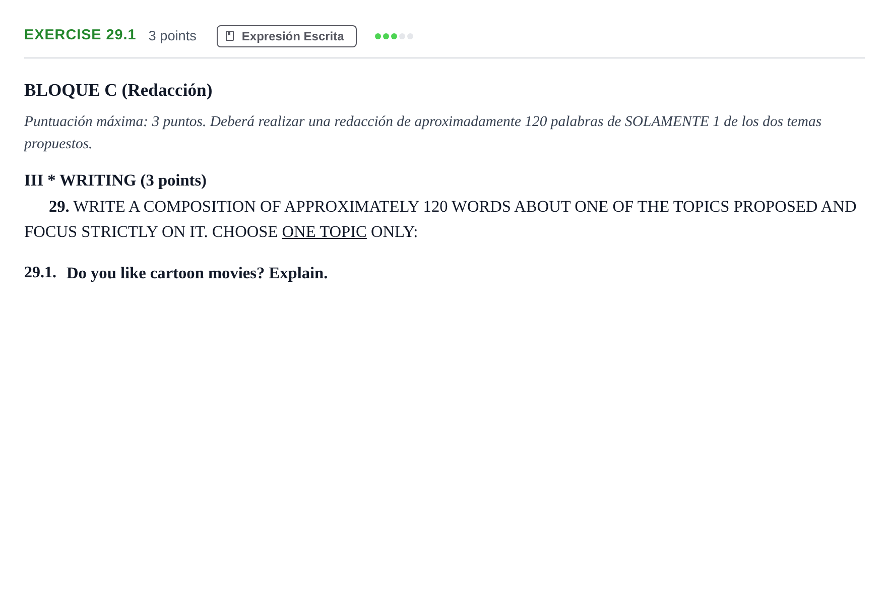 Enunciado: Ejercicio 29.1 · Inglés PAU Andalucía Examen H 2020