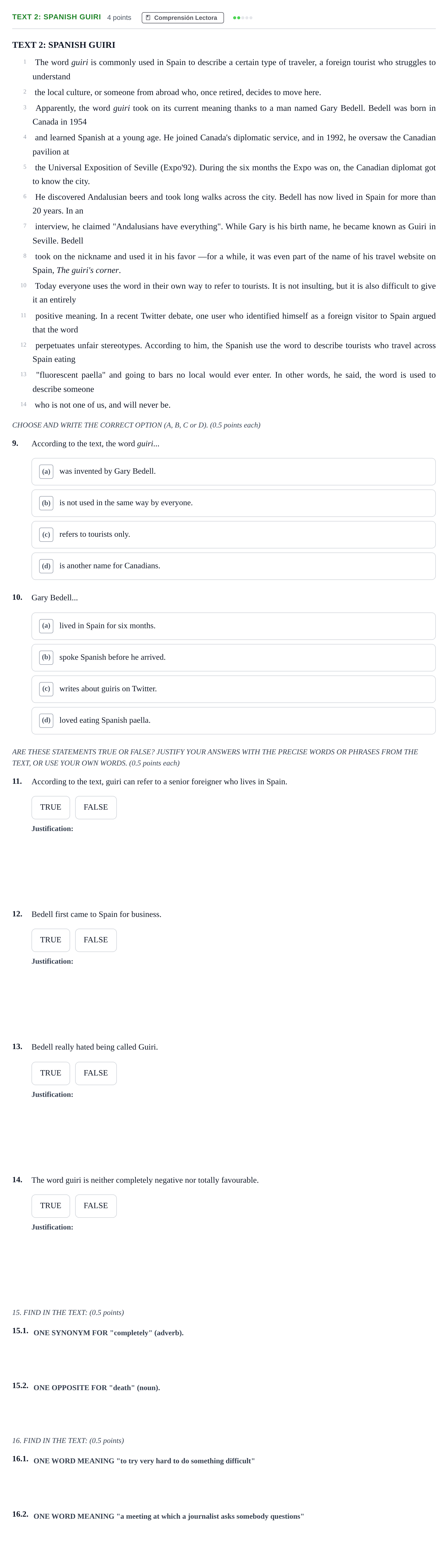 Enunciado: Ejercicio Text 2: Spanish Guiri · Inglés PAU Andalucía Examen H 2020