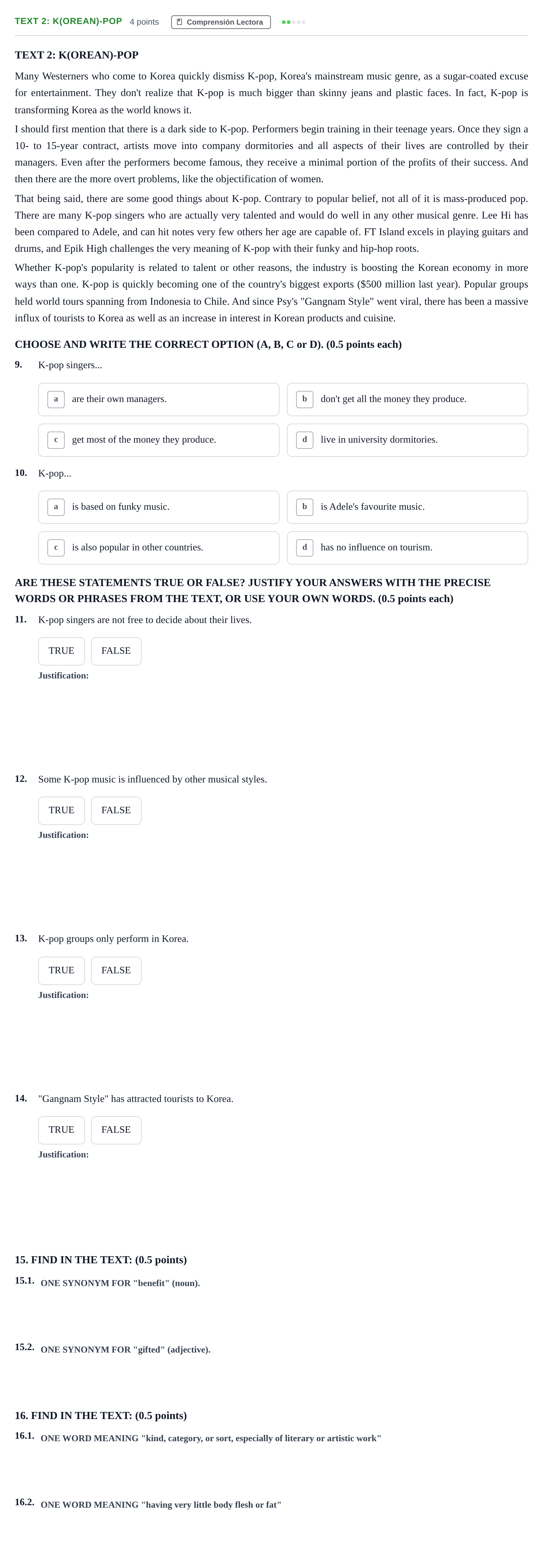Enunciado: Ejercicio Text 2: K(orean)-Pop · Inglés PAU Andalucía Ordinaria Titular (Admisión) 2020