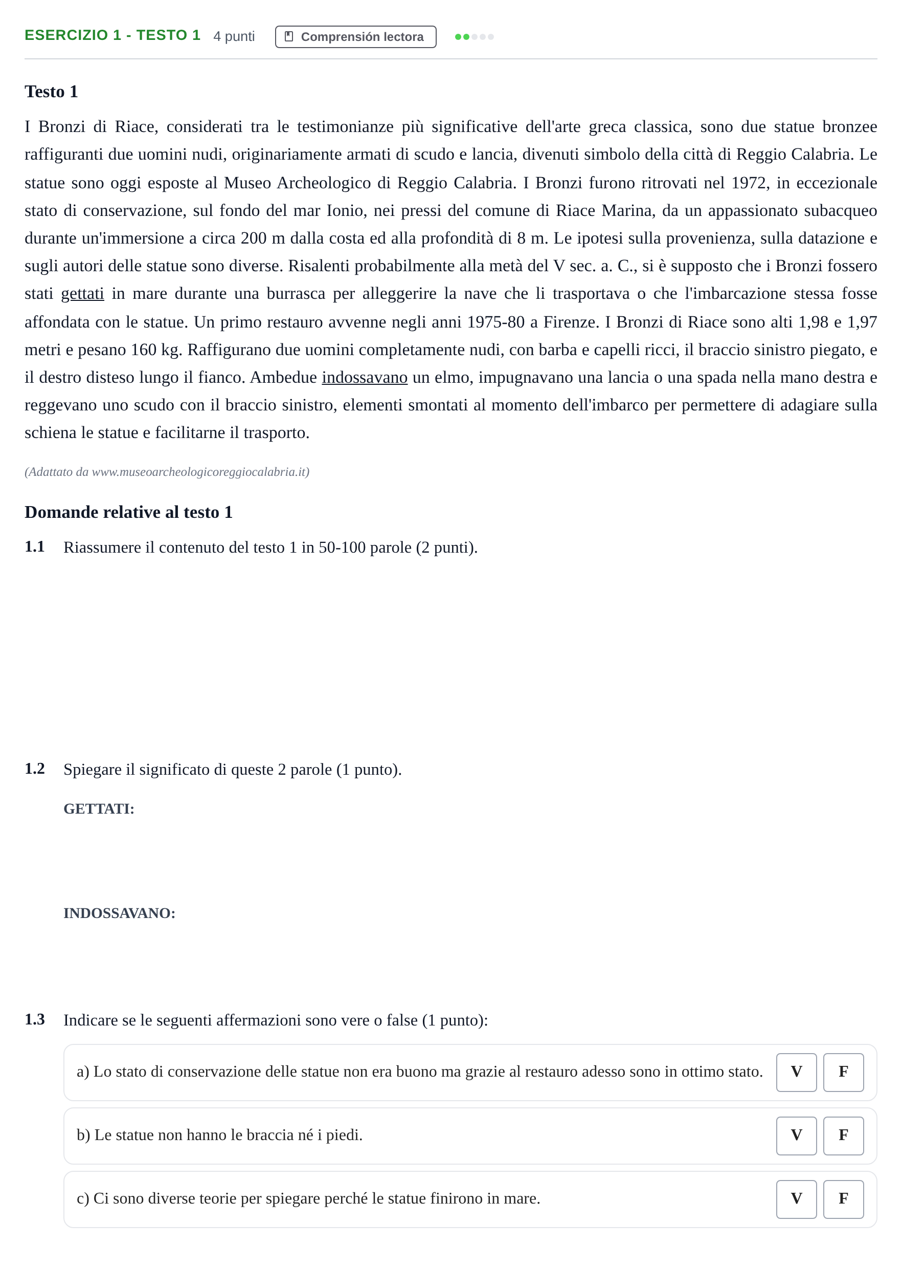 Enunciado: Ejercicio 1 - Testo 1 · Italiano PAU Andalucía Examen 2 2020