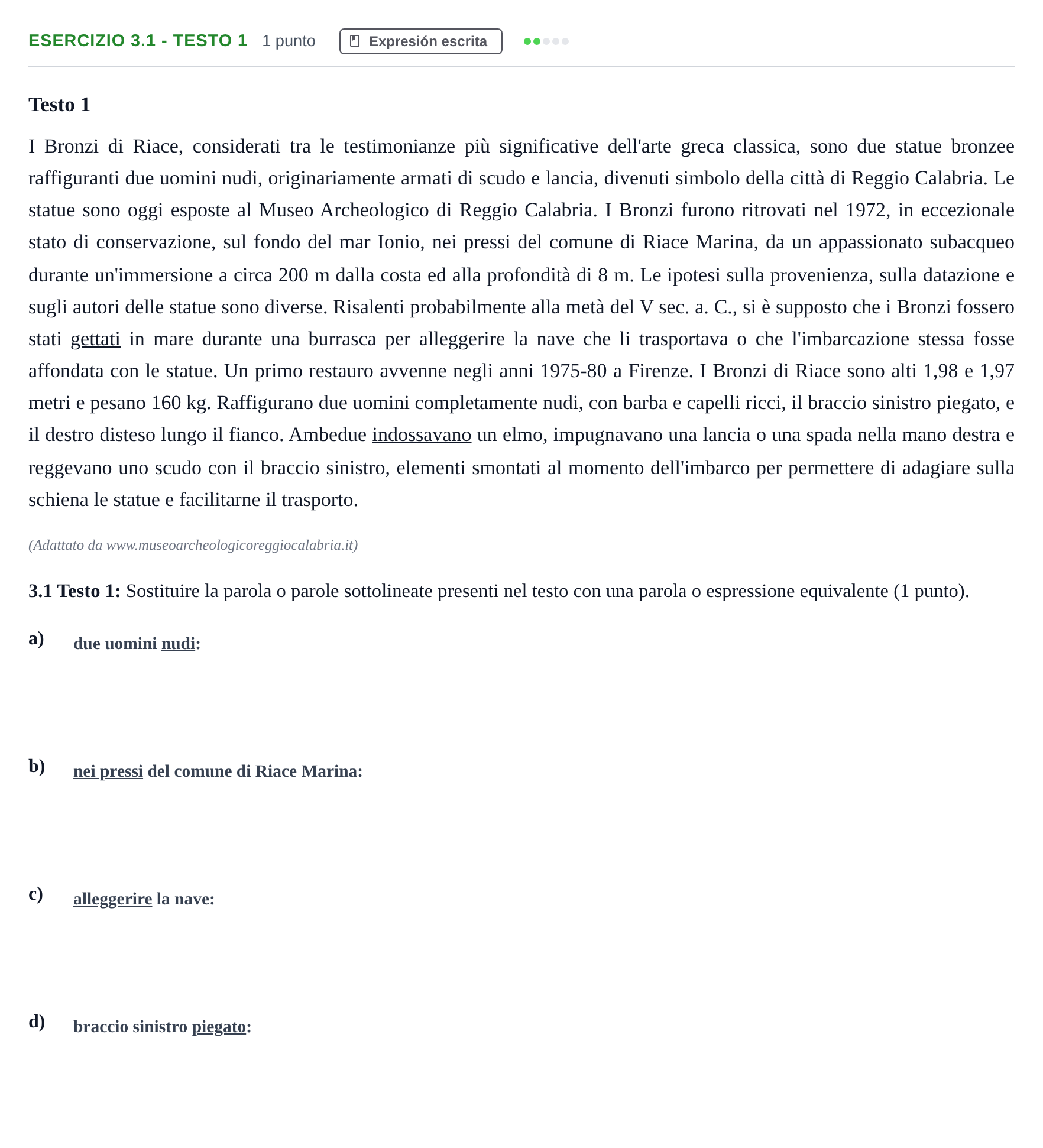 Enunciado: Ejercicio 3.1 - Testo 1 · Italiano PAU Andalucía Examen 2 2020