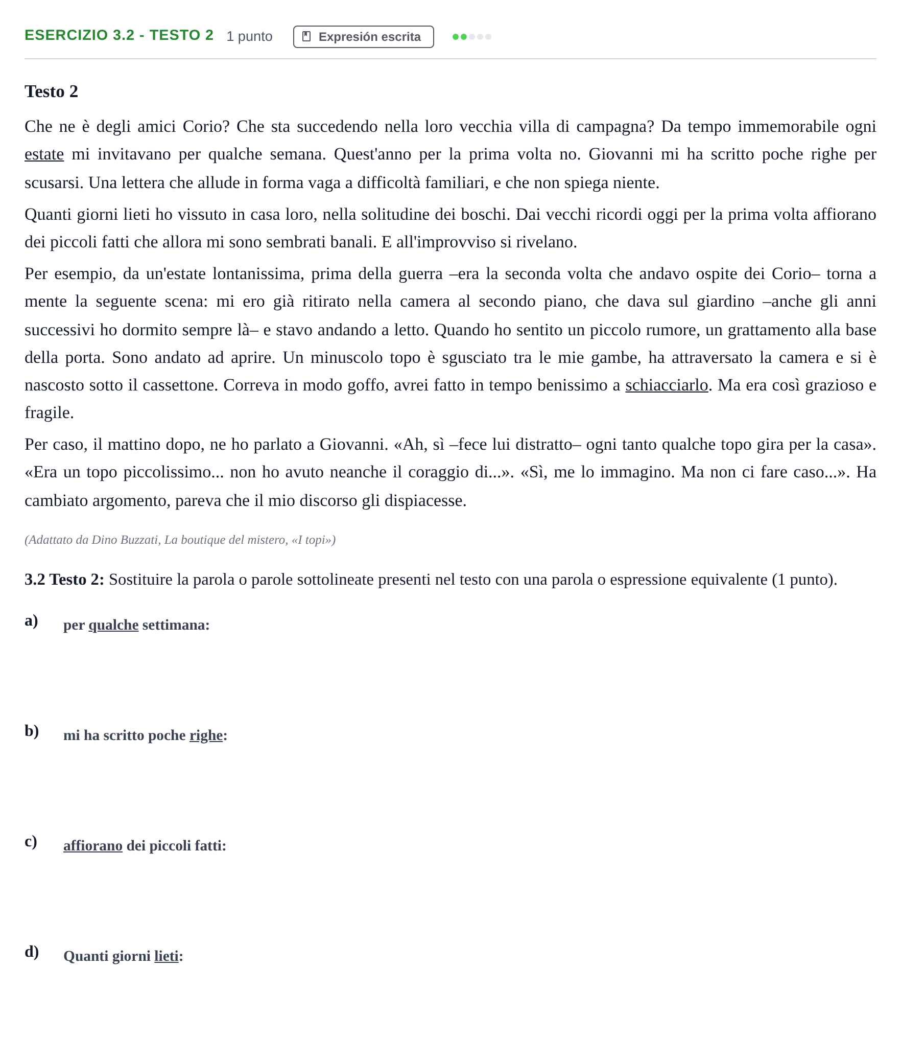 Enunciado: Ejercicio 3.2 - Testo 2 · Italiano PAU Andalucía Examen 2 2020