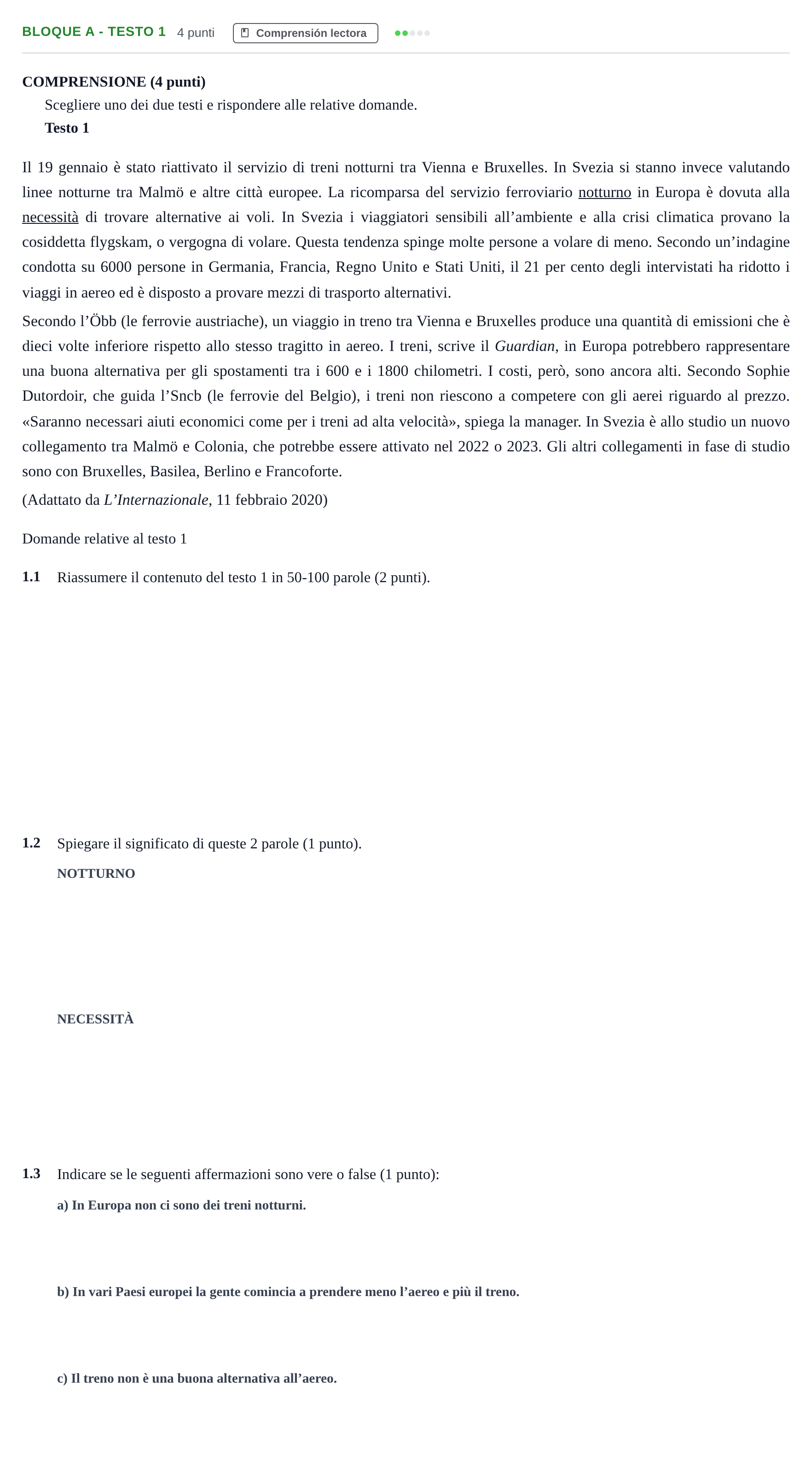 Enunciado: Bloque A - Testo 1 · Italiano PAU Andalucía Examen 1 2020